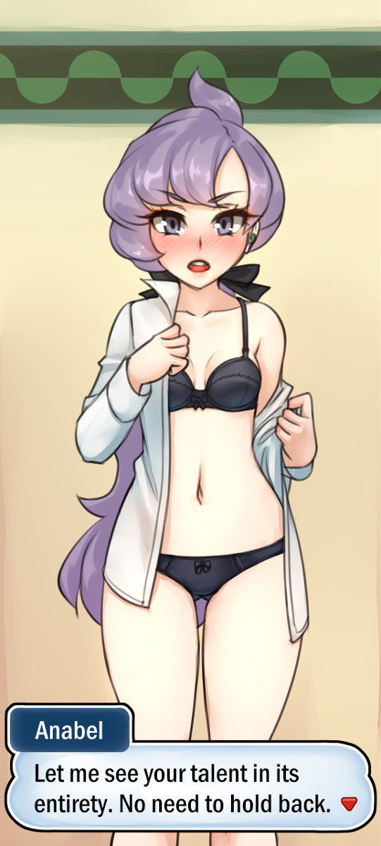 1girls actual_line anabel_(pokemon) anabel_(pokemon_sm) belly black_bra black_panties blush blushing_profusely bra breasts butt_from_the_front clothing earring english_text exposed_legs exposed_midriff eye_contact female female_only game_ui hair_ribbon hips human imminent_sex lavender_eyes lavender_hair legs_together lewd_expression lingerie looking_at_viewer matching_underwear monorus motel_room navel offscreen_character open_mouth panties pokemon pokemon_sm ponytail shirt shirt_open small_breasts solo text text_bubble thigh_gap thighs underwear undressing wide_hips