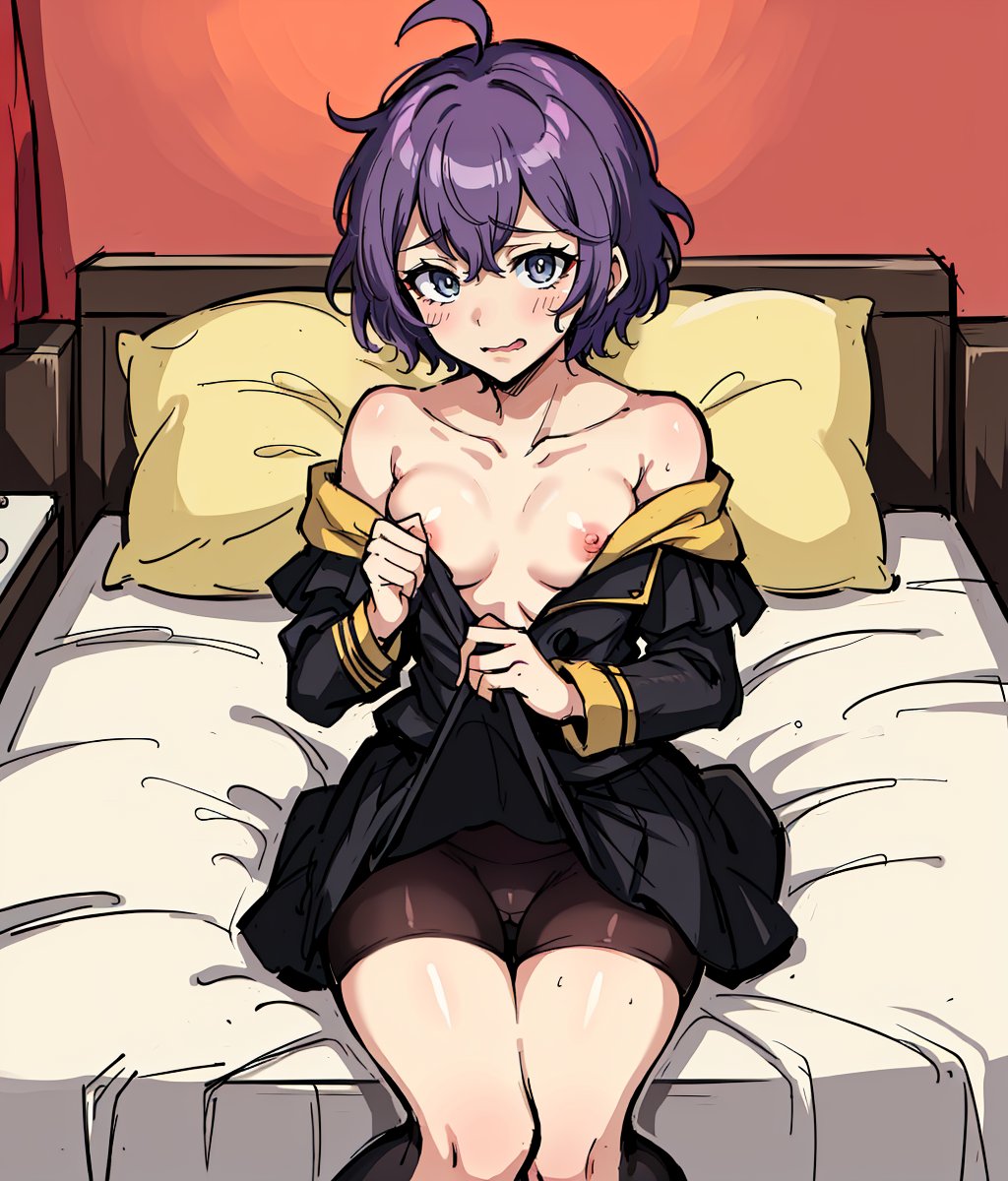 1girls, ai generated, bed, bernadetta von varley, embarrassed, female, fire emblem, fire emblem: three houses, garreg mach monastery uniform, leukocrisp, lifted by self, nintendo, nipples, short hair, shorts, skirt lift, stable diffusion, undressing, upskirt, wavy mouth