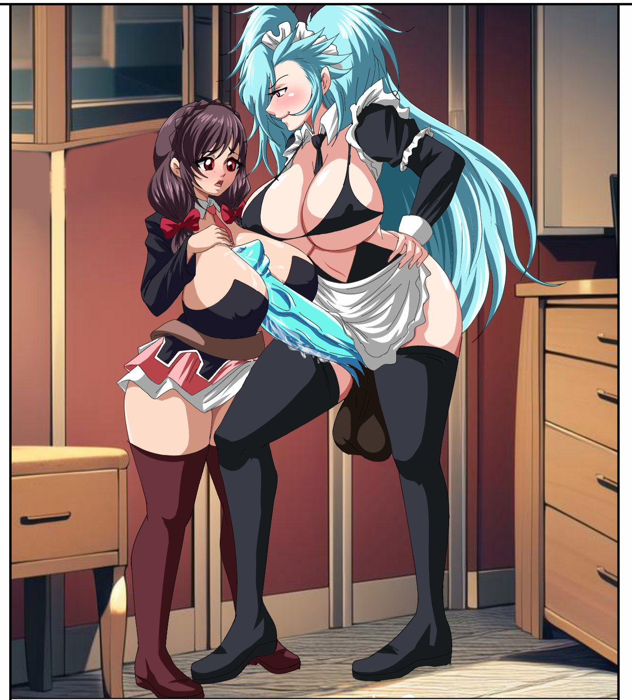 1futa, 1girls, against wall, akeno (itsnafulol), balls, between breasts, bikini, blue hair, blue penis, blush, boob window, breasts, brown hair, clothed, clothing, dress, duo, erection, female, frills, futa on female, futanari, hair ribbon, hand on hip, height difference, horse penis, horsecock, huge breasts, huge cock, human, human with animal genitalia, human with horsecock, imminent paizuri, imminent sex, intersex, jonlaosl, kono subarashii sekai ni shukufuku wo!, large penis, light skin, light-skinned female, light-skinned futa, long hair, maid, maid apron, maid bikini, maid headdress, maid outfit, maid uniform, mostly clothed, mostly nude, nipples visible through clothing, older futa and younger female, open mouth, paizuri, penis, penis between breasts, purple eyes, red eyes, short skirt, skirt, smile, smirk, standing, taller futa, thick thighs, thighhighs, tie, tied hair, titjob, twintails, yunyun (konosuba)