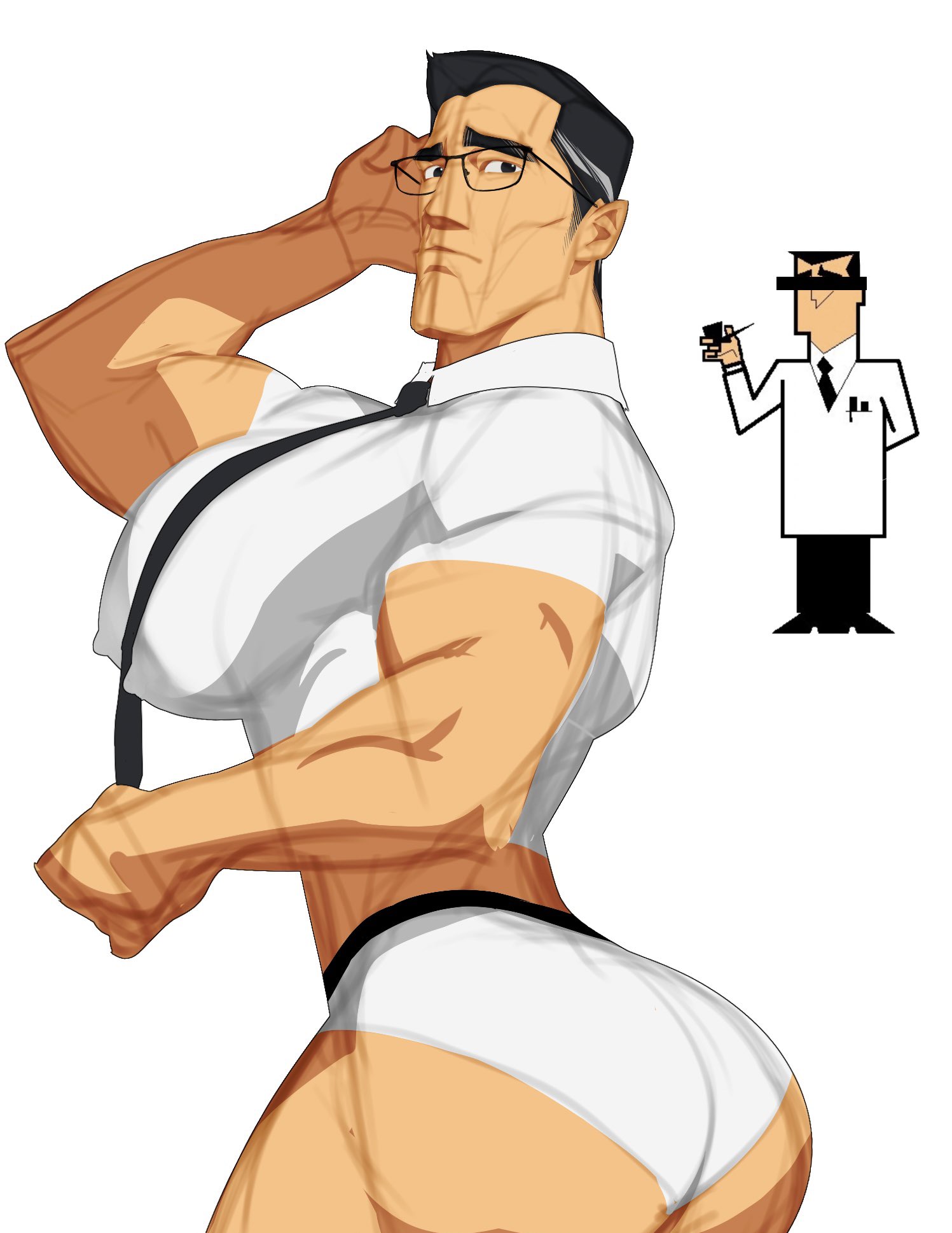 1boy, ass, bara, big ass, big breasts, big butt, big chest, big pecs, breasts, briefs, bubble ass, bubble butt, cartoon network, dizdoodz, glasses, huge breasts, huge chest, huge pecs, male, male only, muscular, muscular chest, muscular male, powerpuff girls, professor utonium, solo, solo male, tie, tie between breasts, tie between pecs, tight clothing, two-tone hair, underwear, yaoi