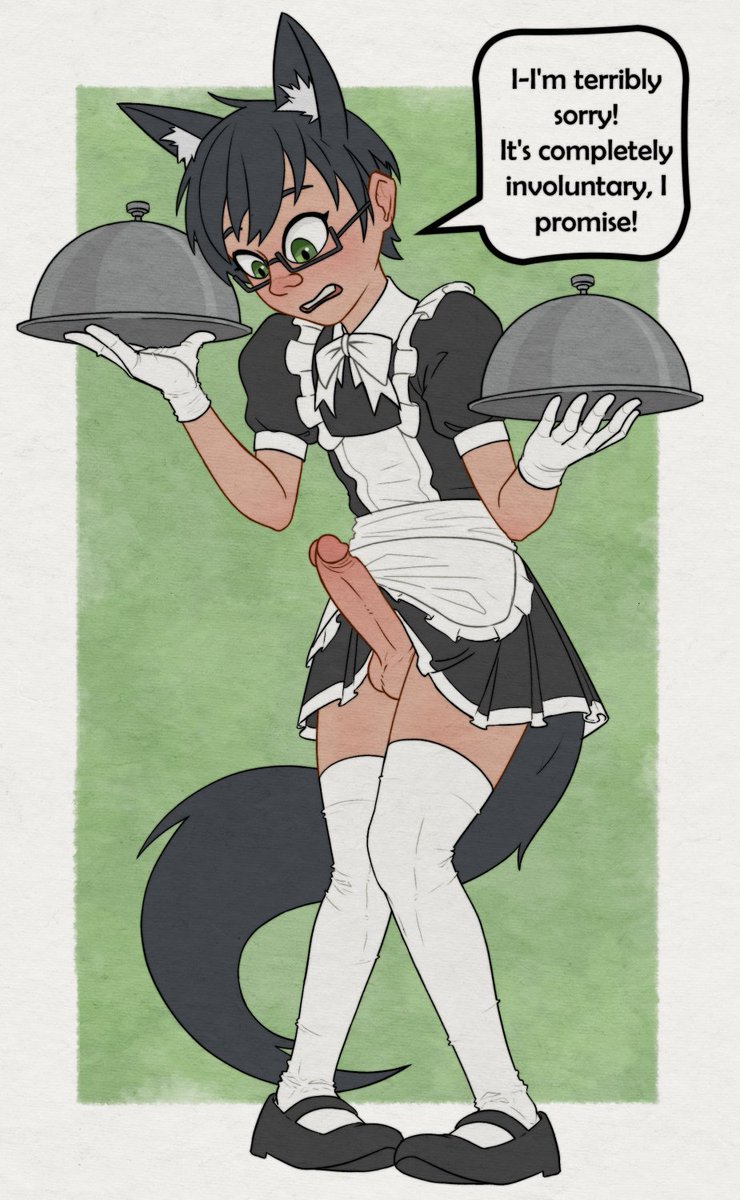 1boy asyro boy catboy crossdressing dark-skinned_male embarrassed erect_penis erection femboy glasses maid_dress maid_male maid_uniform original_character penis_under_clothes serving_tray solo_male twink unwanted_erection young