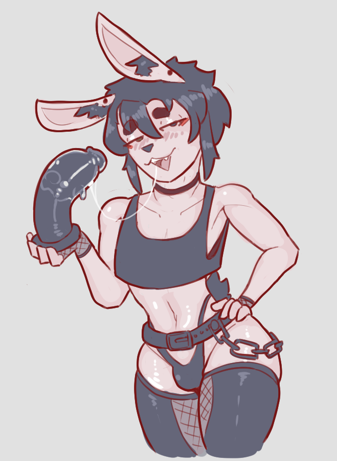 akiradrawslewds bangs belt black_dildo black_hair bunny_boy bunny_ears chains choker collarbone crop_top cute_male dildo ear_piercing ear_tuft eyeliner femboy femboy_only fishnet fishnet_gloves fishnet_legwear furry goth midriff raised_eyebrows red_eyeshadow saliva saliva_string shoulders smug smug_face snout tail thick_thighs thigh_highs thong white_skin