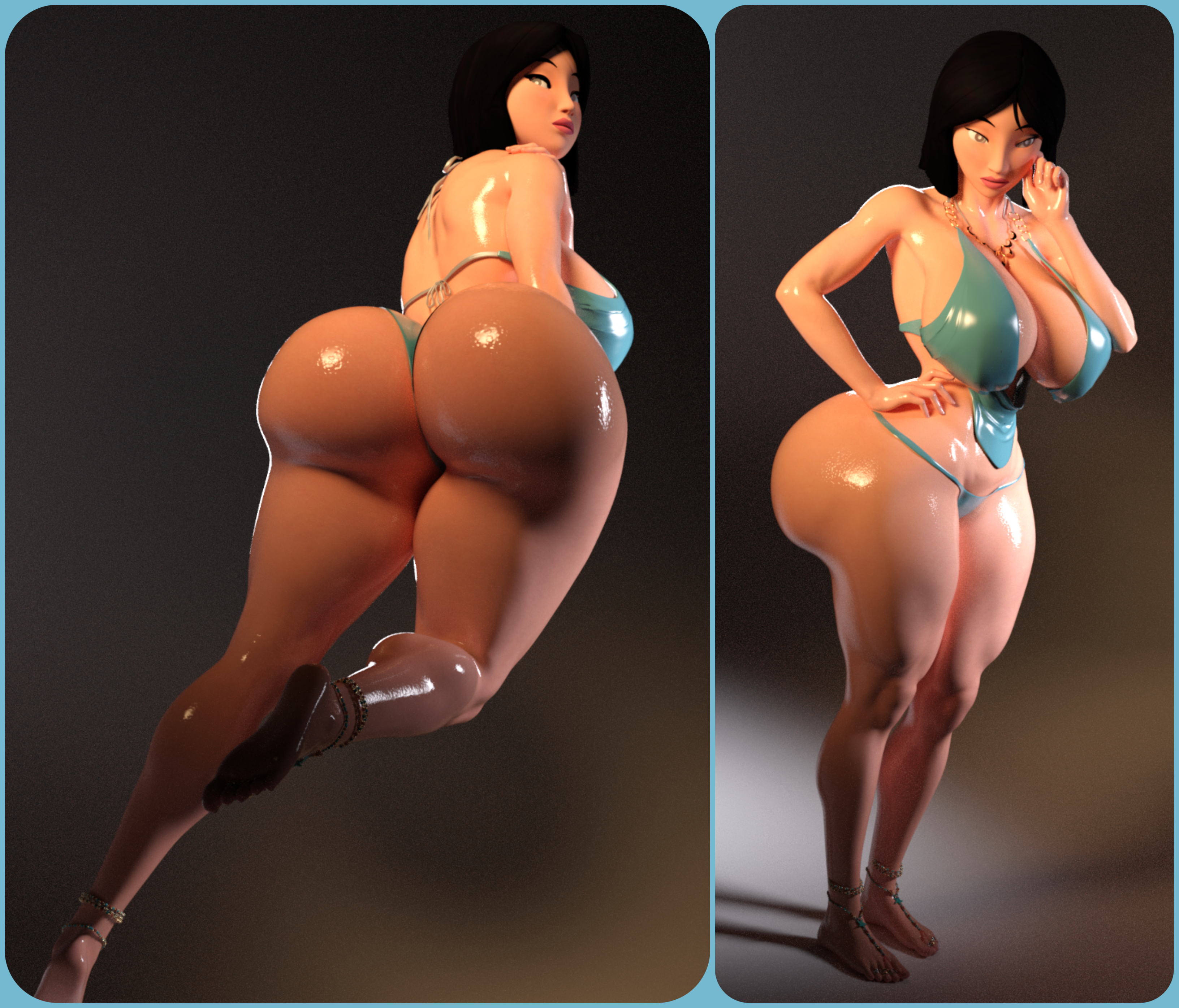 3d, 3d (artwork), asian, asian female, ass, big ass, big breasts, big butt, bikini, breasts, chinese, chinese female, cleavage, disney, disney princess, fa mulan, female, huge ass, light skin, light-skinned female, mulan, mulan (1998 film), multiple views, tf2satisfy, wide hips