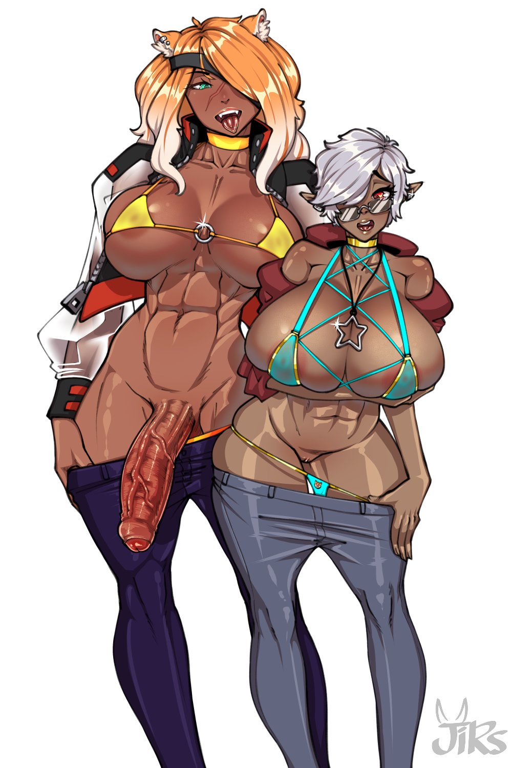 1futa 1girls animal_ears areolae big_penis breasts catgirl clothed clothing colette_belrose dark-skinned_female dark-skinned_futanari dark_skin duo elezen elf elf_female erection female final_fantasy final_fantasy_xiv futa_focus futanari huge_breasts humanoid humanoid_penis jirs kemonomimi long_hair mostly_nude nipples partially_clothed partially_retracted_foreskin penis short_hair standing taiga_(jirs) tiger_girl uncut veiny_penis white_hair