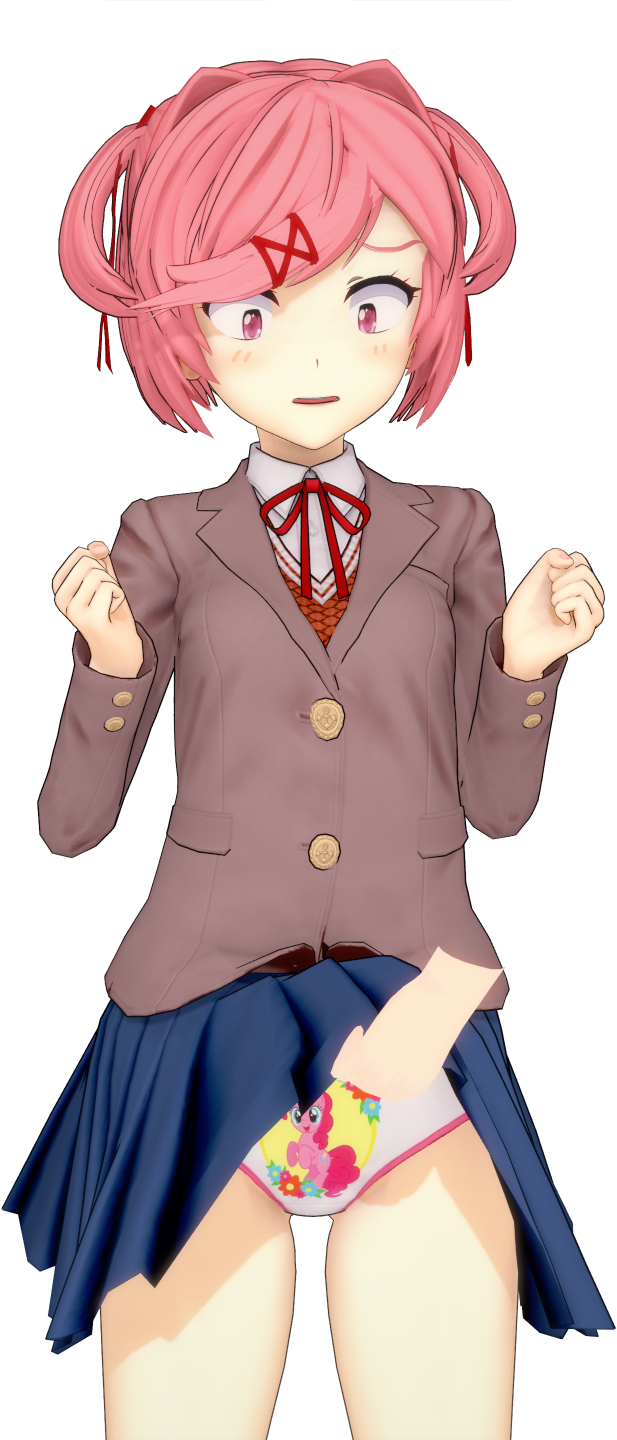 1girls 3d 5_fingers blue_skirt blush blush_lines blushing childish_panties clothed clothes clothing doki_doki_literature_club embarrassed_nude_female euf female friendship_is_magic girl hair_intakes koikatsu looking_down mlp mlp_g4 my_little_pony natsuki_(doki_doki_literature_club) onagazgreat panties pigtails pink_eyes pink_hair pinkie_pie_(mlp) print_panties shadow skirt small_breasts thighs transparent_background twintails