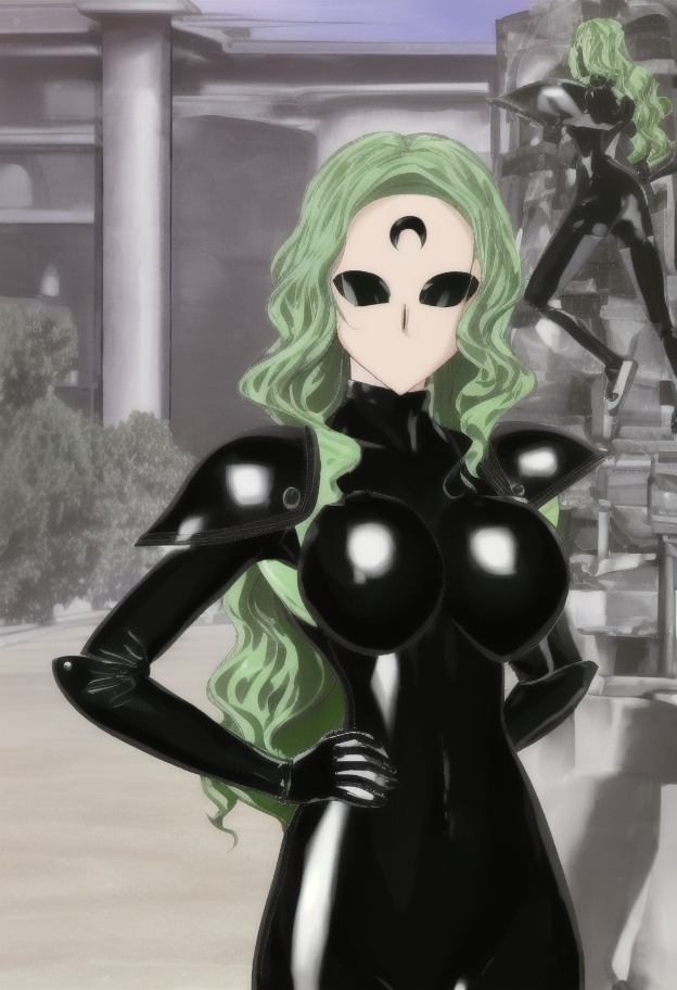 1girls ai_generated bishoujo_senshi_sailor_moon black_moon breasts clothing corruption droids drone droneification dronesuit enemy_conversion female green_hair humanoid latex long_hair mask medium_breasts michiru_kaiou monster_of_the_day solo villainess