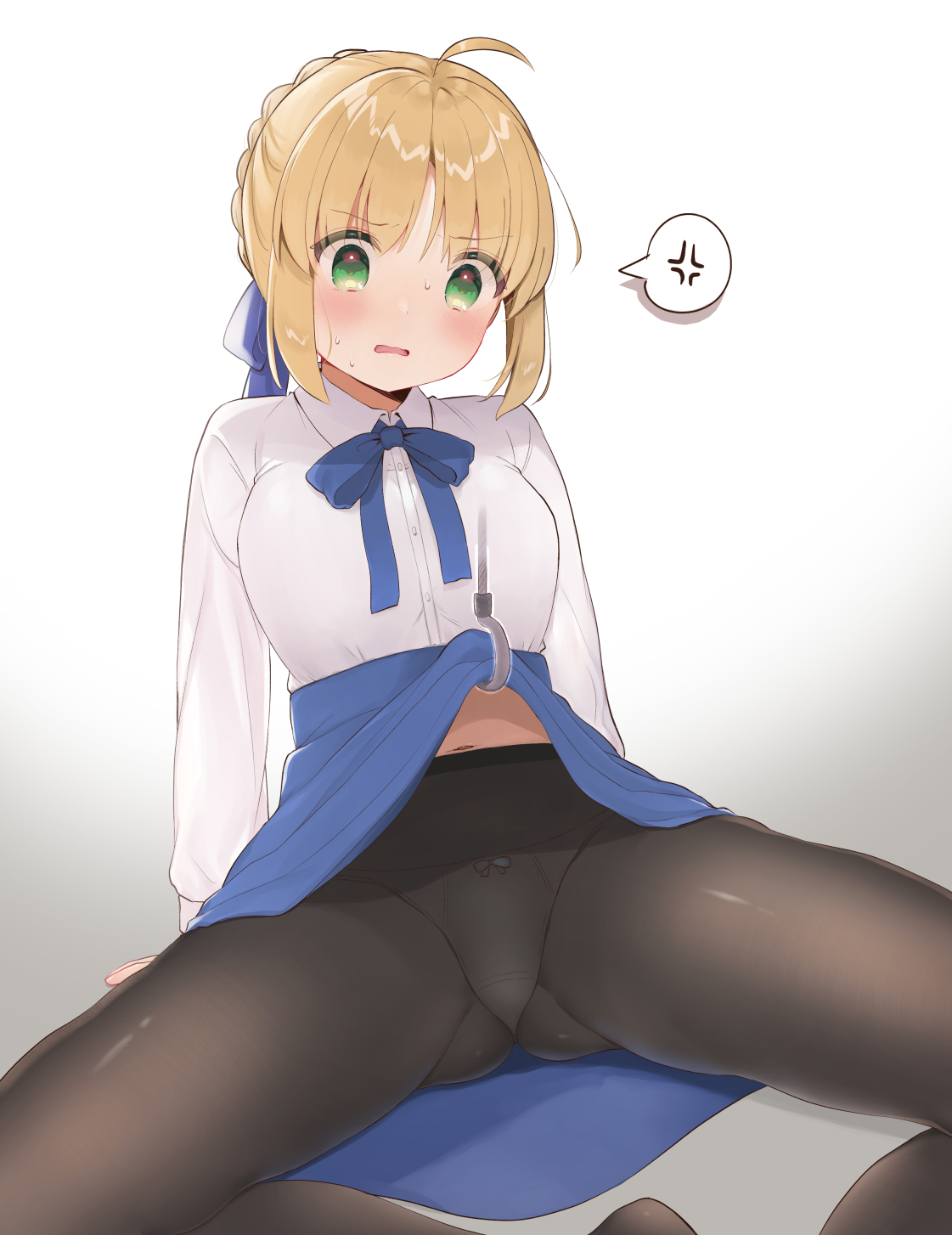 ahoge, aizawa85, anger vein, artoria pendragon (all), artoria pendragon (fate), black pantyhose, blonde hair, blue bow, blue skirt, blush, bow, bow panties, braid, breasts, clothes lift, collared shirt, commentary request, dress shirt, fate (series), fate/stay night, feet out of frame, female, gluteal fold, gradient background, green eyes, grey background, hairbow, highres, hook, medium breasts, panties, panties under pantyhose, pantyhose, parted lips, saber, shirt, sidelocks, skirt, skirt lift, solo, spoken anger vein, spread legs, sweat, underwear, white background, white shirt