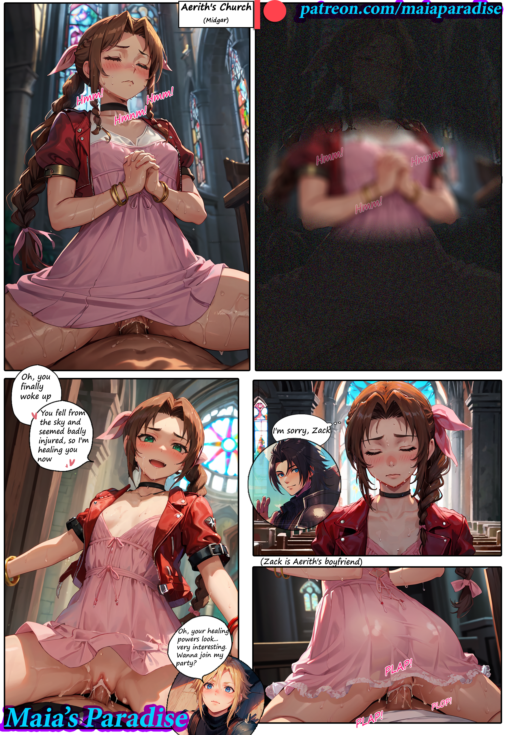 1girls, 2boys, aerith gainsborough, ai generated, assertive female, blonde hair, blue eyes, blush, braid, brown hair, choker, church, church interior, closed eyes, clothed sex, cloud strife, cowgirl position, creampie, cum, cum in pussy, cum inside, cumming inside, dialogue, english text, female, female on top, female penetrated, final fantasy, final fantasy vii, final fantasy vii remake, flushed, flushed face, green eyes, indoors, long hair, maia's paradise, male, male penetrating, male/female, onomatopoeia, patreon username, penis, penis in pussy, pov male, praying, pussy, ribbon, riding penis, speech bubble, straight, text, text bubble, waking up, zack fair