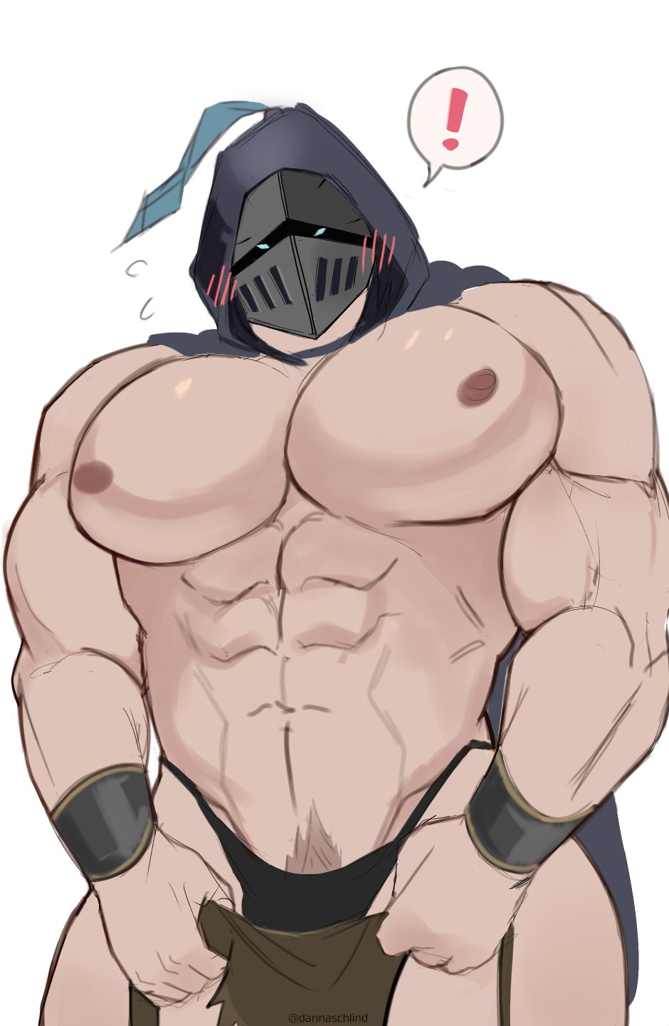 bara big_pecs blush bulge helmet hood male male_only muscles muscular schlindwein solo solo_male strawberry_(schlindwein)