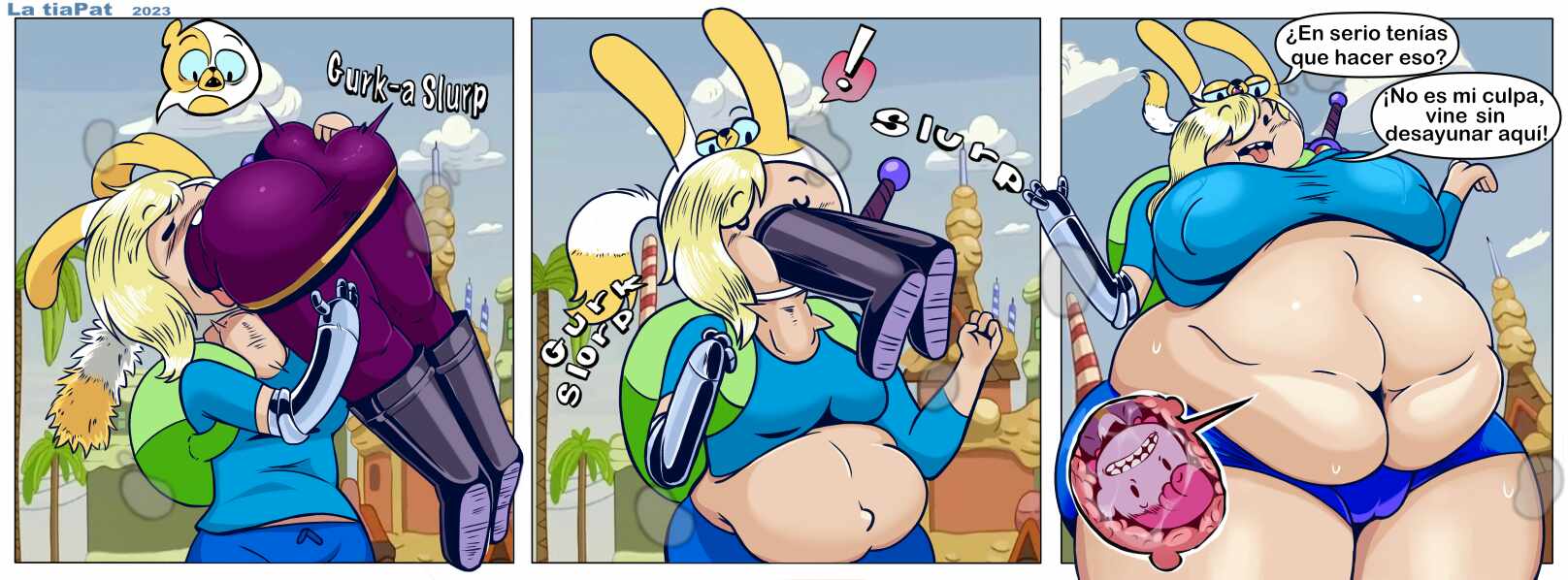 adventure time, ass, belly, belly expansion, big ass, big breasts, big butt, breast expansion, breast growth, breast growth (enlargement), breasts, butt expansion, cake the cat, comic page, fat ass, fat female, female, fionna and cake, fionna the human girl, la tiapat, vore, weight gain, x-ray