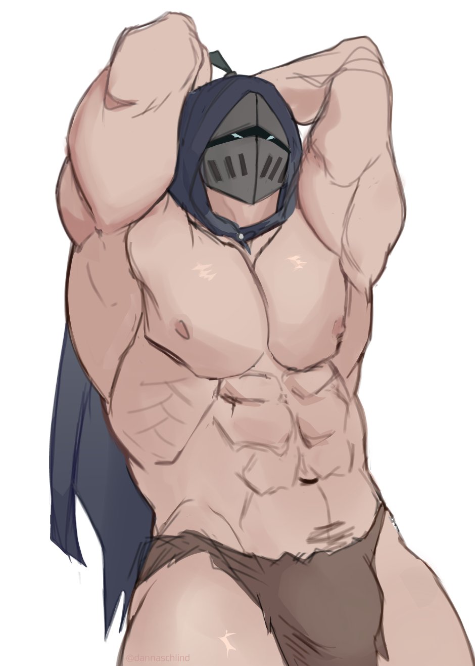 bara bulge hands_behind_head helmet hood male male_only muscles muscular schlindwein shirtless solo solo_male strawberry_(schlindwein)