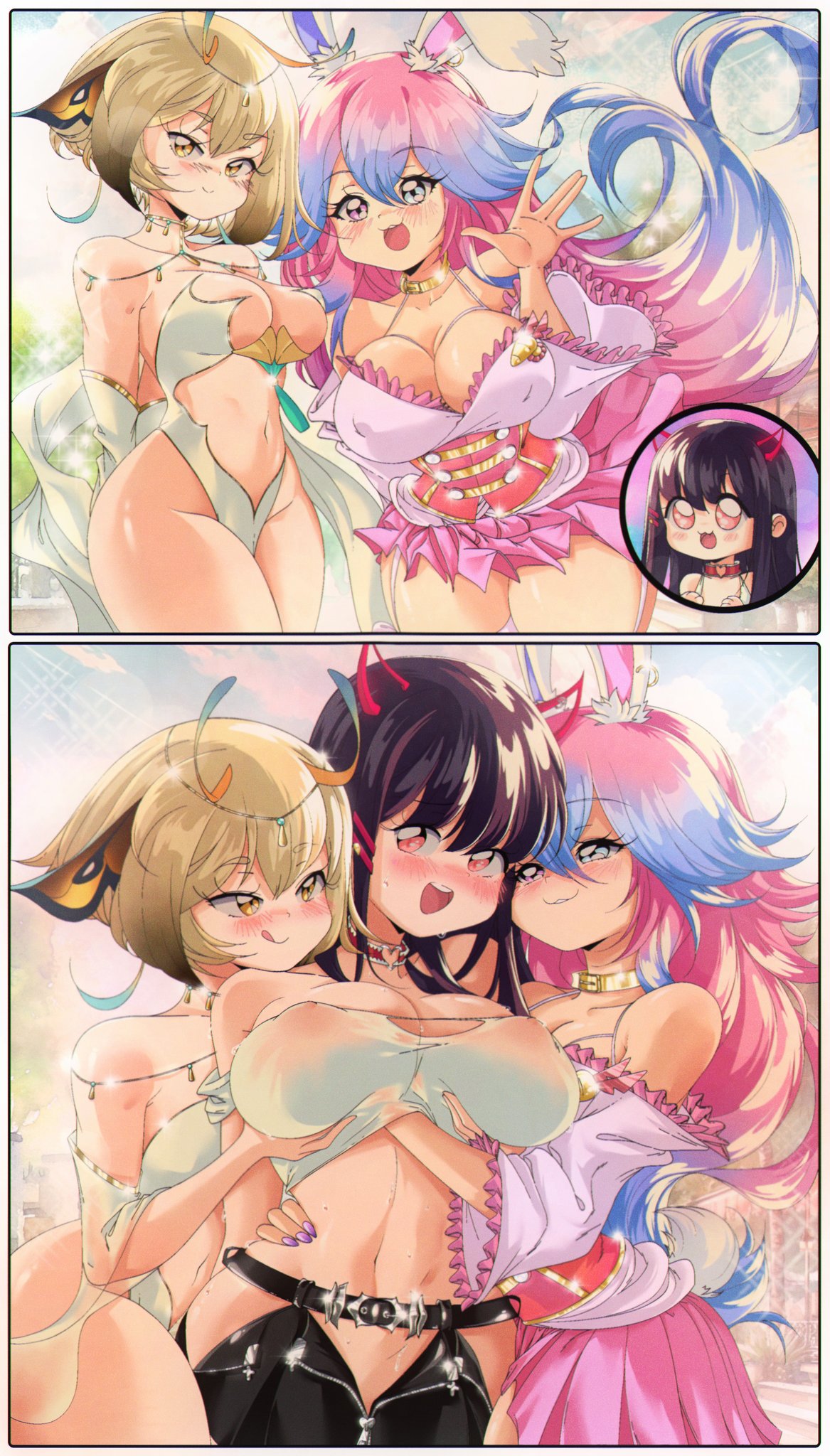 3girls :3 akuma_nihmune belt big_breasts black_hair blonde_hair blue_eyes blue_hair blush breast_grab bunny_ears chibi_inset choker cleavage comic cottontail_(vtuber) female female_only grs- hand_under_shirt heterochromia horns indie_virtual_youtuber long_hair looking_at_viewer medium_hair nipple_bulge nipples_visible_through_clothing pink_hair red_eyes sanagi_yuzu skimpy smile sweat textless_version three_tone_hair tongue_out virtual_youtuber white_hair yellow_eyes yuri