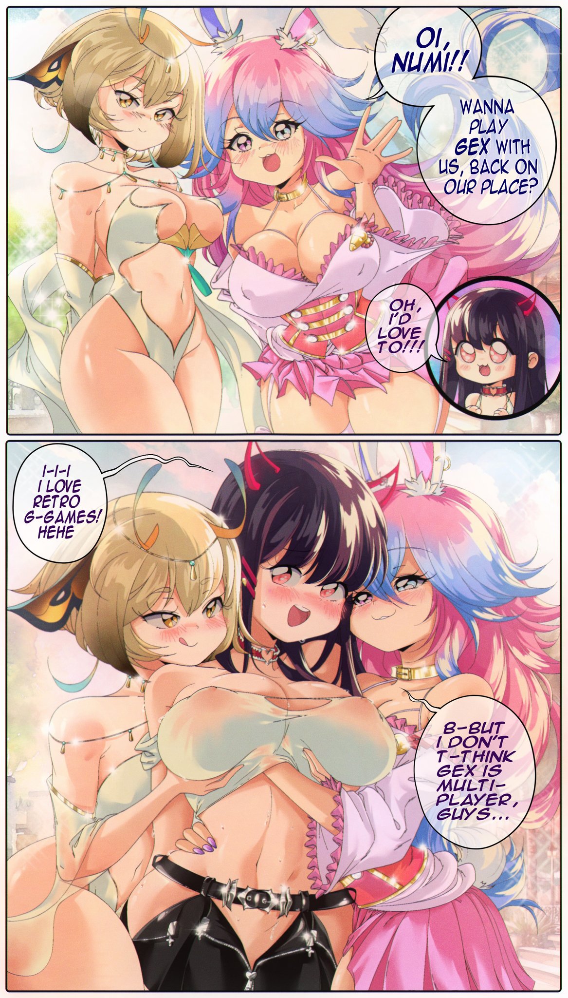 3girls :3 akuma_nihmune belt big_breasts black_hair blonde_hair blue_eyes blue_hair blush breast_grab bunny_ears chibi_inset choker cleavage comic cottontail_(vtuber) female female_only gex_(series) grs- hand_under_shirt heterochromia horns indie_virtual_youtuber long_hair looking_at_viewer medium_hair nipple_bulge nipples_visible_through_clothing pink_hair red_eyes sanagi_yuzu say_gex sesbian_lex skimpy smile speech_bubble sweat text three_tone_hair tongue_out virtual_youtuber white_hair yellow_eyes yuri