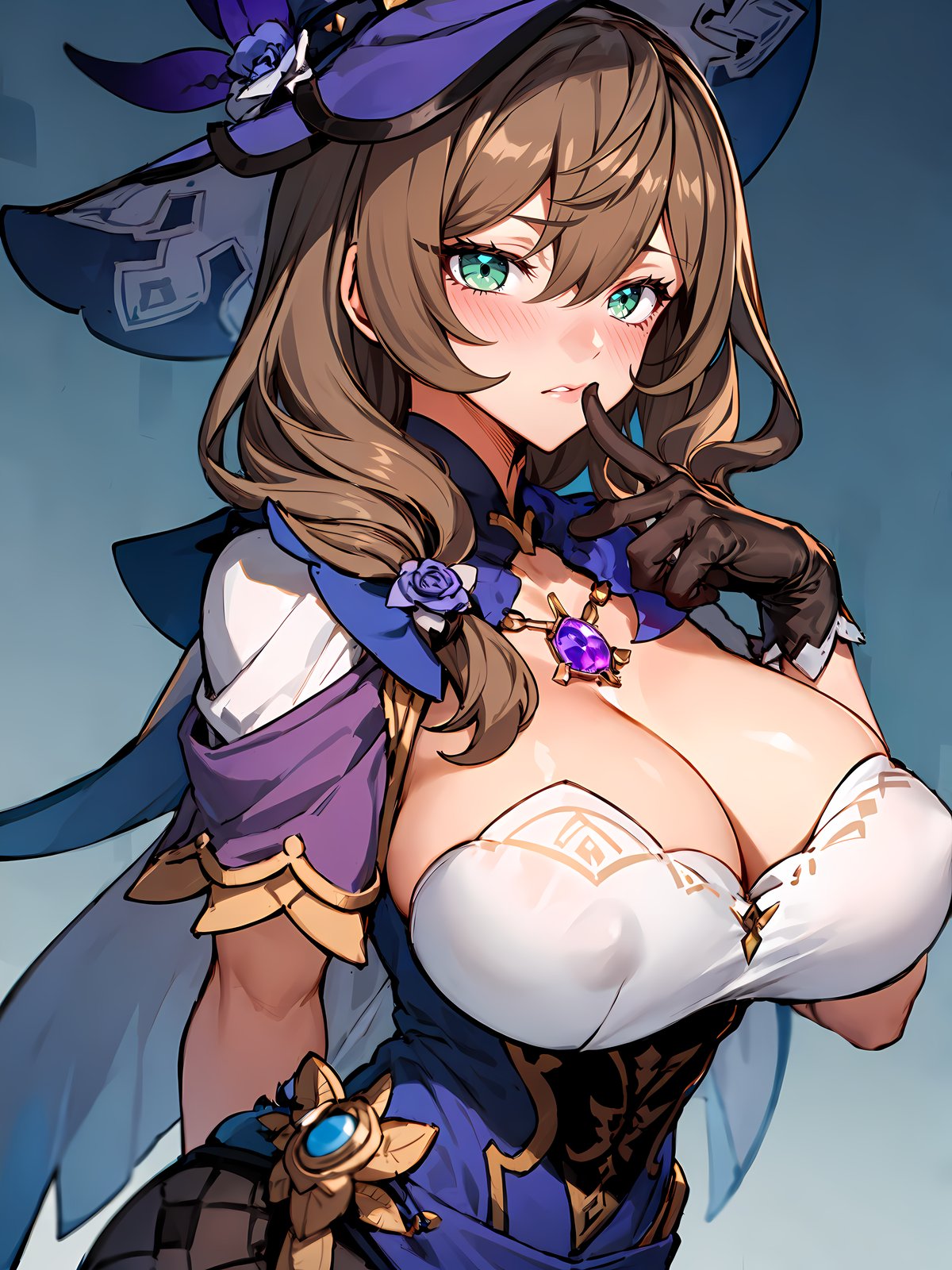 1girls 2d ai_generated big_breasts breasts brown_hair brown_hair busty clothed curvaceous dress female genshin_impact gloves green_eyes hand_behind_back hand_in_mouth hat hourglass_figure lisa_(genshin_impact) long_hair looking_at_viewer nipple_bulge shiny_skin shy smakiel source standing tied_hair visible_areolae visible_teeth witch_hat