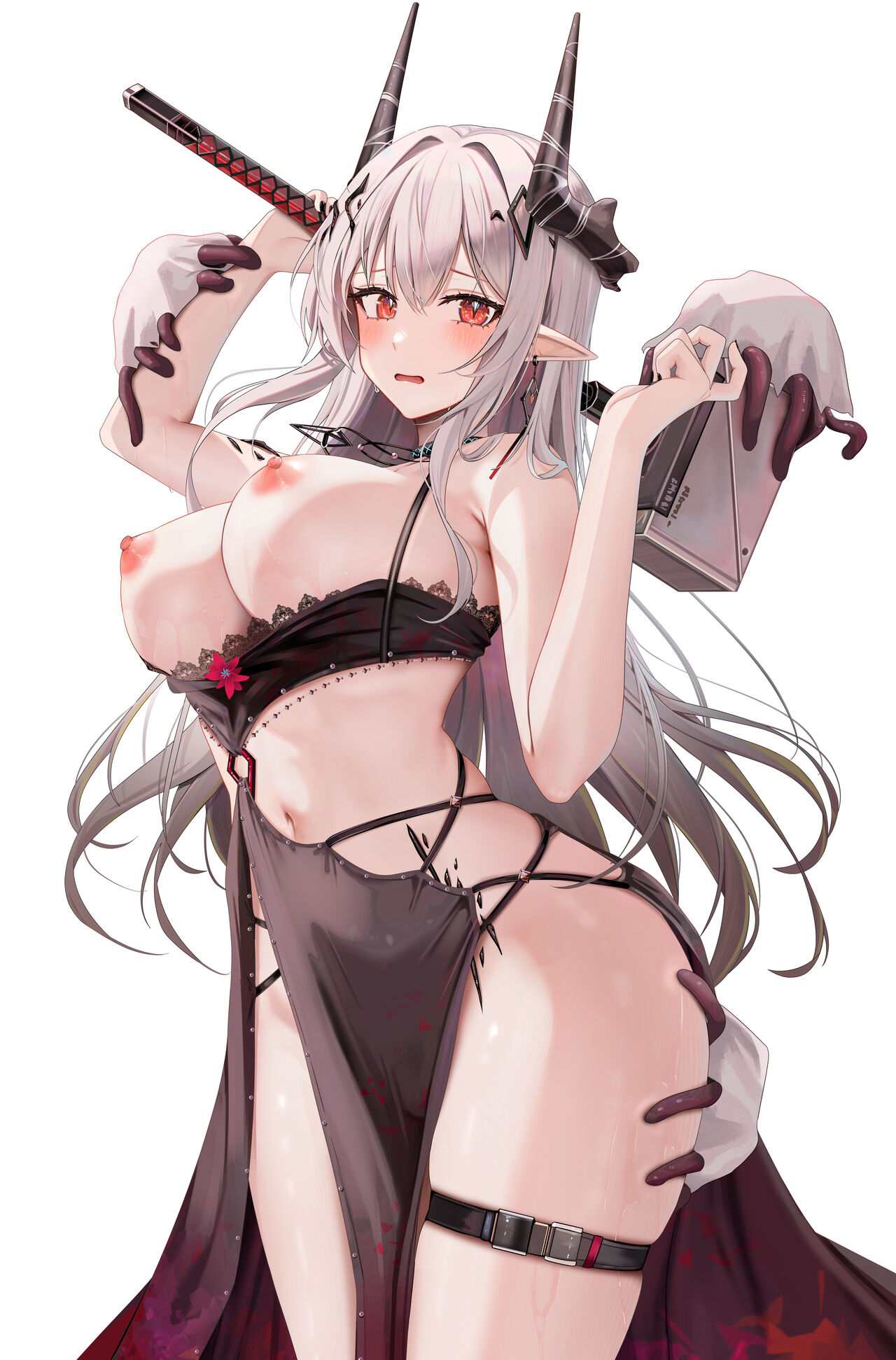 1girls, 2023, arknights, bare breasts, belly, big breasts, blush, breast grab, breasts, female, hammer, hi res, horns, light skin, light-skinned female, mudrock (arknights), navel, nipples, pointy ears, posing, red eyes, ru zhai, simple background, solo, thick thighs, thighs, torn clothes, torn clothing, weapon