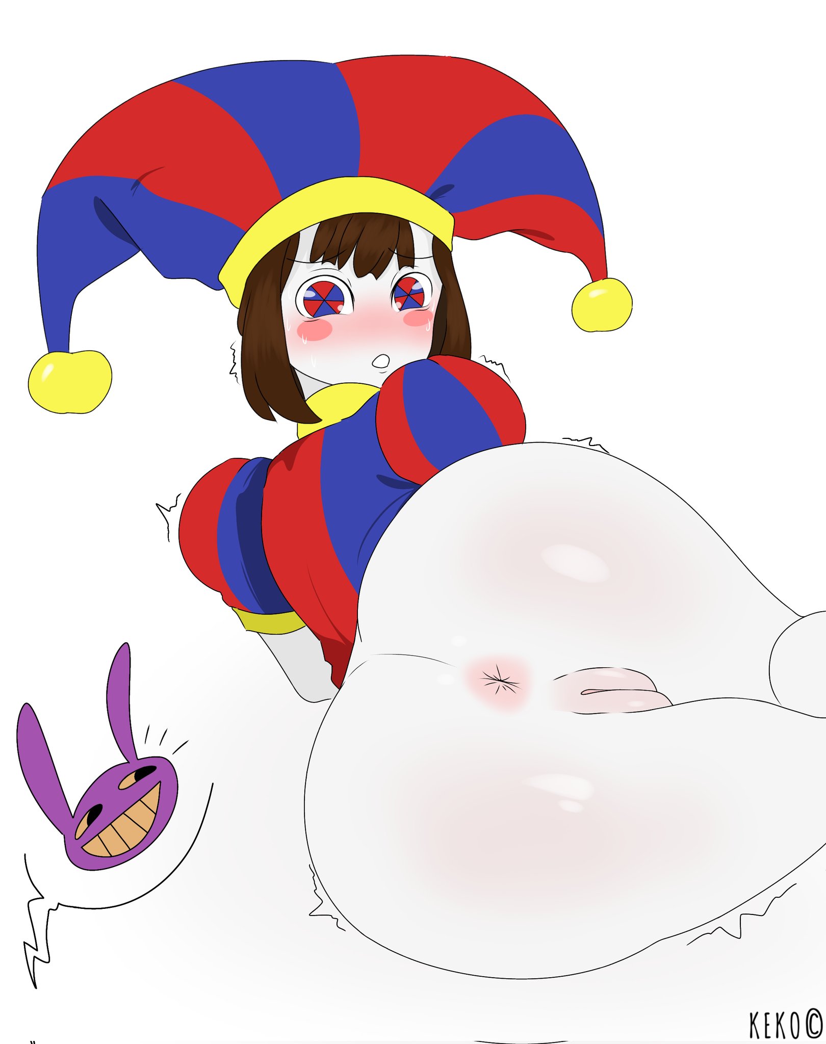 2023, 2d, 2d (artwork), 2d artwork, anus focus, ass, asshole, big ass, blush, brown hair, female, glitch productions, gloves, gooseworx, jax (the amazing digital circus), jester, jester costume, jester hat, jester outfit, keko, looking behind, pomni (the amazing digital circus), pussy, short hair, the amazing digital circus, thick thighs, white body