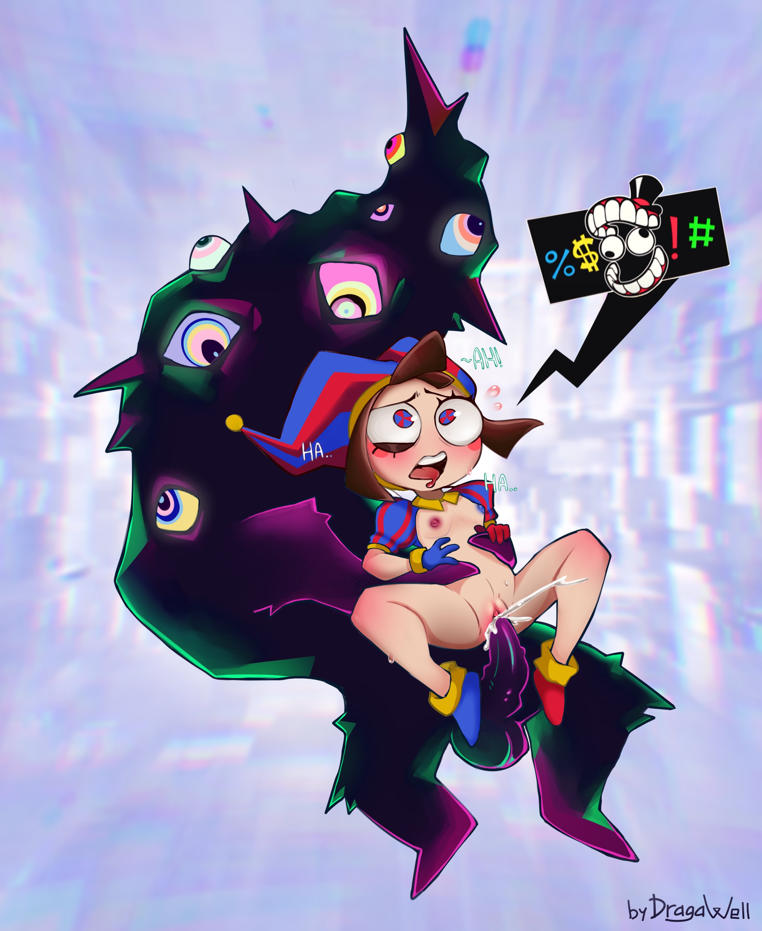 2023, 2d, 2d (artwork), 2d artwork, abstraction (the amazing digital circus), artist request, big penis, black penis, blush, breasts, brown hair, cursing, dragon well, eyes, female, glitch productions, gloves, gooseworx, jester, jester costume, jester hat, jester outfit, kaufmo (abstracted), looking up, male, penis, penis in pussy, pomni (the amazing digital circus), pussy, short hair, small breasts, smaller female, straight, the amazing digital circus, thighs, vaginal penetration