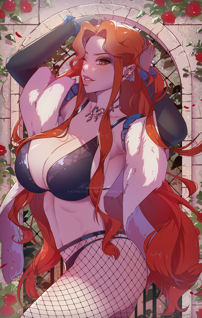 1girls big_breasts breasts castlevania castlevania_(netflix) curvy fishnets hi_res himmely large_breasts legwear lenore_(castlevania) lingerie long_hair orange_hair pale_skin pointy_ears pose red_eyes red_hair thick_thighs thighs thong vampire voluptuous wink