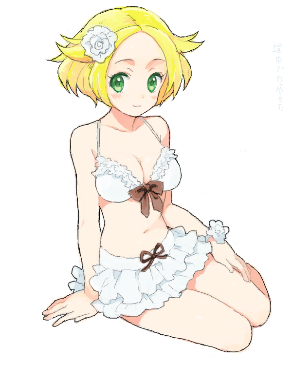 bianca_(pokemon) bikini blonde_hair frilled_bikini green_eyes pokemon pokemon_bw short_hair sitting smiling swimsuit