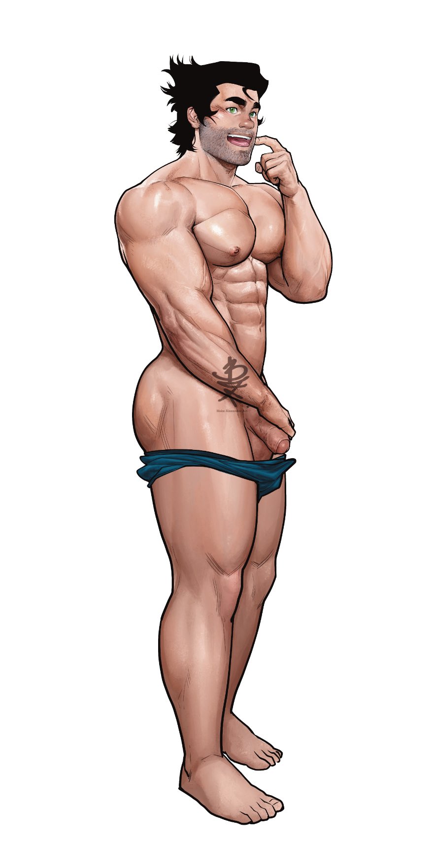 1boy avatar_legends black_hair blake_alexander_art blalexander bolin flaccid flaccid_cock flaccid_penis green_eyes male male_only muscle muscles muscular muscular_arms muscular_legs muscular_male muscular_pecs muscular_thighs six_pack smile smiling solo_male the_legend_of_korra white_background