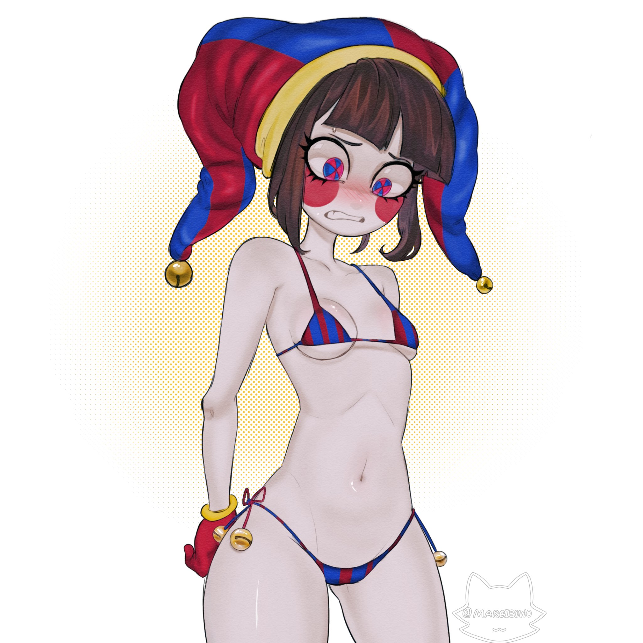2023, 2d, 2d (artwork), 2d artwork, bikini, blush, breasts, brown hair, cleavage, clothing, embarrassed, female, glitch productions, gloves, gooseworx, hi res, jester, jester costume, jester hat, jester outfit, looking down, marcieowo, navel, pomni (the amazing digital circus), short hair, small breasts, solo, tagme, the amazing digital circus, thighs, white body