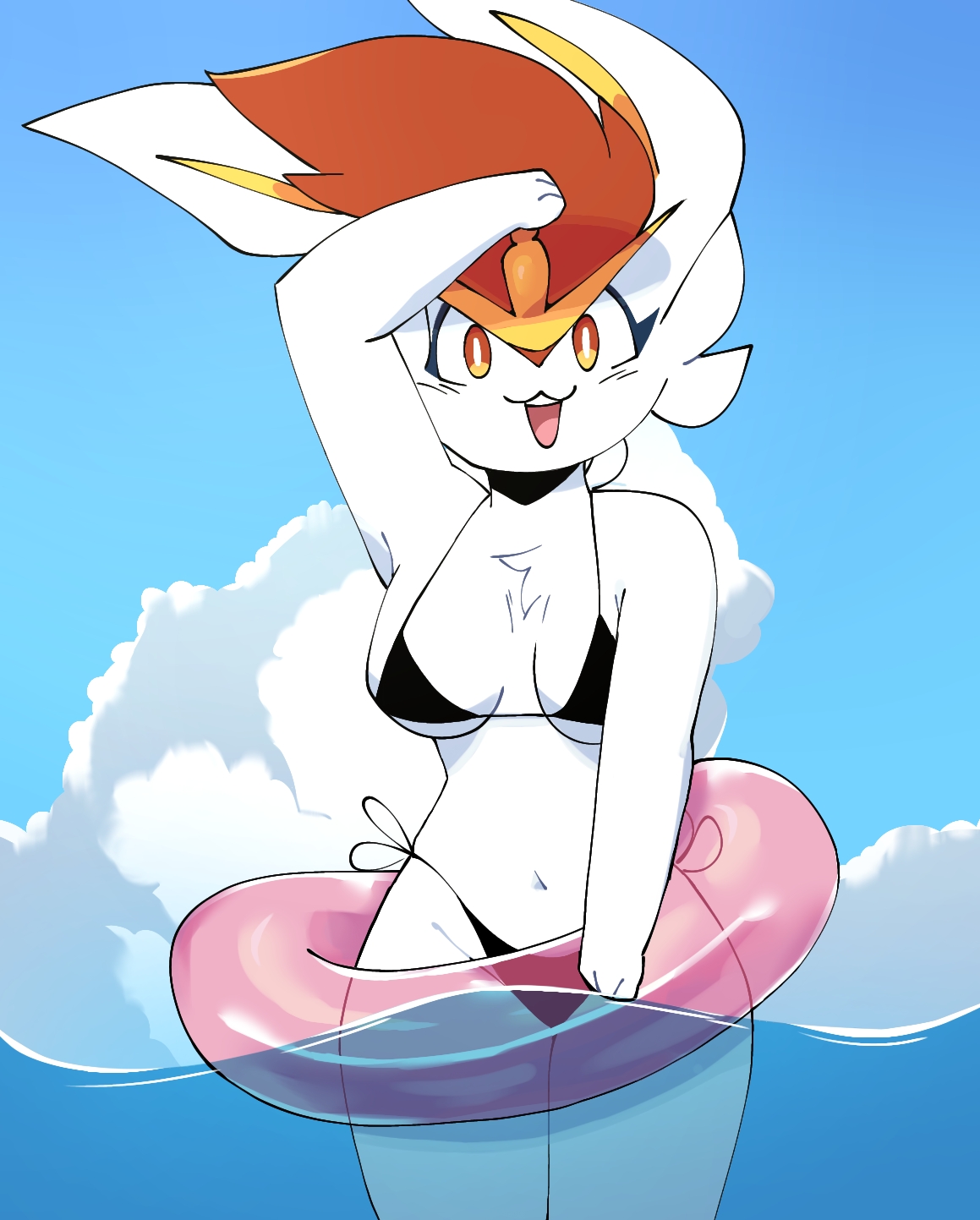 :3, 2d, anthro, breasts, cinderace, cleavage, clothing, cute, female, female cinderace, fur, furry, furry only, generation 8 pokemon, hi res, lagomorph, nintendo, partially submerged, pokémon (species), pokemon, pokemon (species), solo, white fur