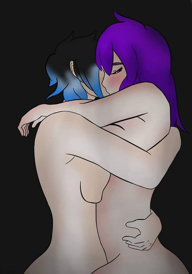 2girls black_hair blue_hair blush closed_eyes el_diario_de_jonathan female female_only hug kissing long_hair multiple_girls nude nude_female petina petoart purple_hair samantha_cortez selene_(eddj) short_hair two_tone_hair yuri