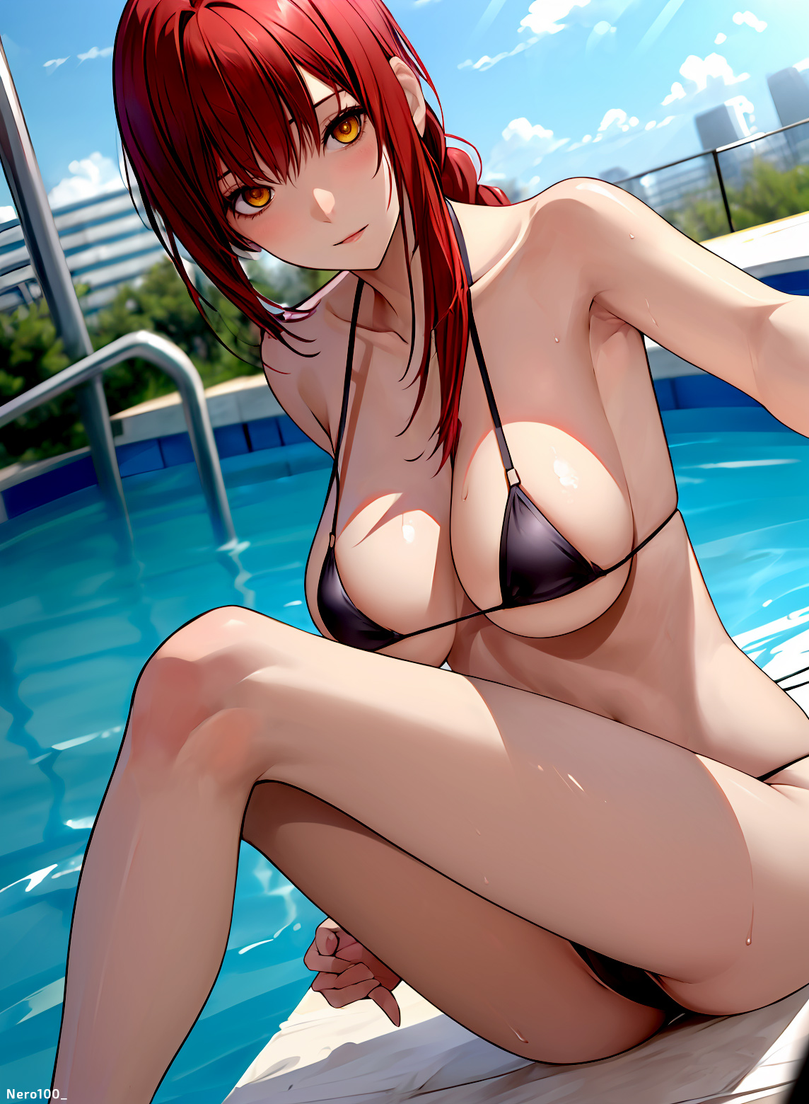 1girls, ai generated, athletic, athletic female, bare shoulders, beach, belly, big breasts, bikini, bikini bottom, bikini top, braid, braided ponytail, breasts, chainsaw man, choker, collar, cowboy shot, curvy, curvy figure, detailed, eyelashes, female, female only, fit, fit female, front view, high quality, horny, large breasts, light skin, light-skinned female, lipstick, long hair, looking at viewer, makima (chainsaw man), mascara, muscular, navel, pale skin, pale-skinned female, pool, posing, red hair, sagging breasts, seductive, seductive eyes, seductive look, sidelocks, sitting, solo, stable diffusion, stomach, string bikini, string panties, swimming pool, thighs, white bikini, yellow eyes, young