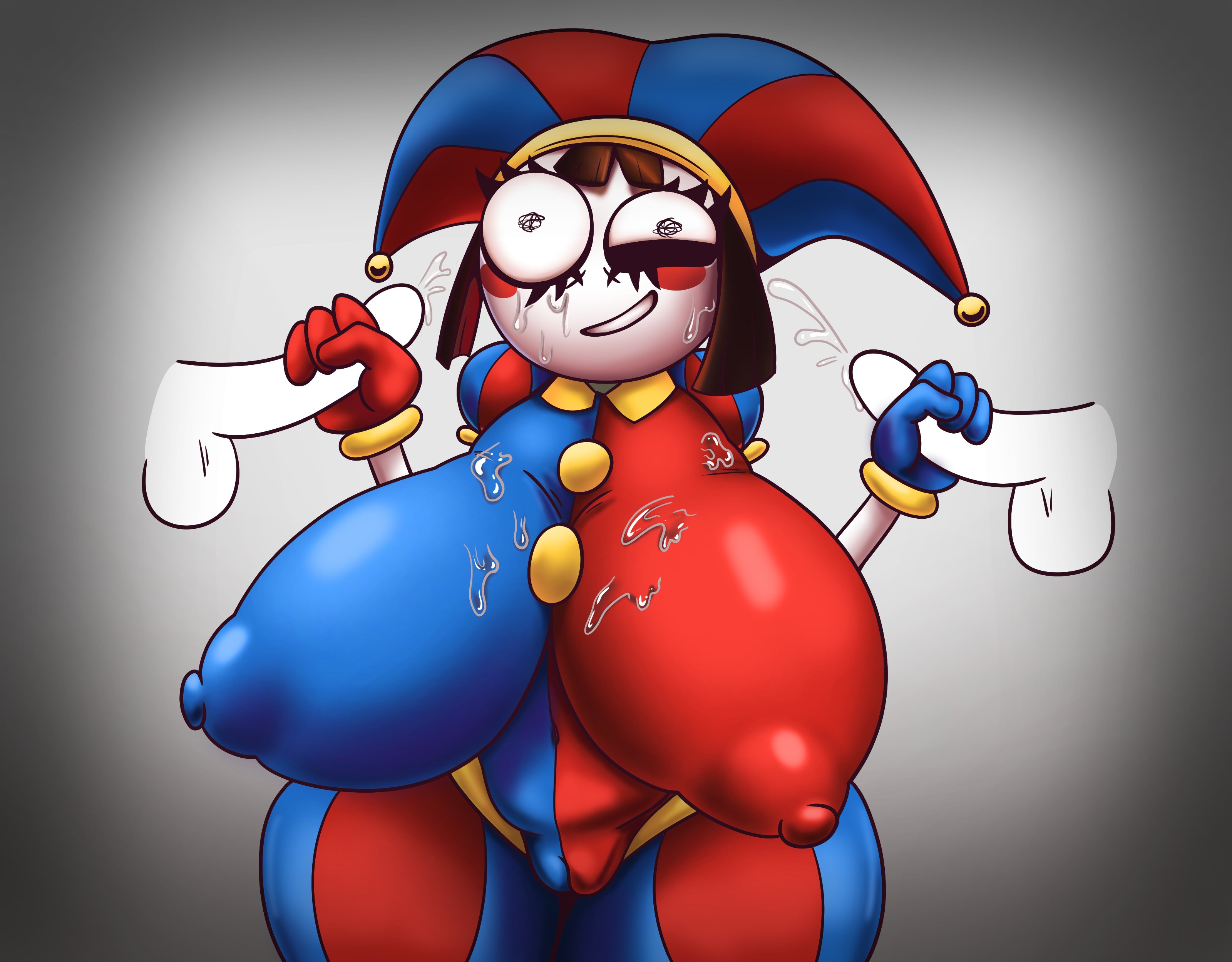 2023, 2d, 2d (artwork), 2d artwork, akemimike, big breasts, big thighs, breasts, brown hair, crazy eyes, crazy smile, cum on clothes, cum on face, female, glitch productions, gloves, gooseworx, handjob, huge breasts, jester, jester costume, jester hat, jester outfit, male, nipples, nipples visible through clothing, penis, pomni (the amazing digital circus), pussy, pussy visible through clothes, short hair, straight, the amazing digital circus, thick thighs, thighs, toony, white body, white penis
