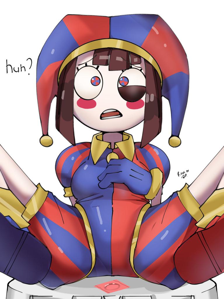 2023, 2d, 2d (artwork), 2d artwork, artist request, breasts, brown hair, condom, confused, female, glitch productions, gloves, gooseworx, jester, jester costume, jester hat, jester outfit, looking at viewer, pomni (the amazing digital circus), short hair, small breasts, smaller female, spread legs, the amazing digital circus, white body