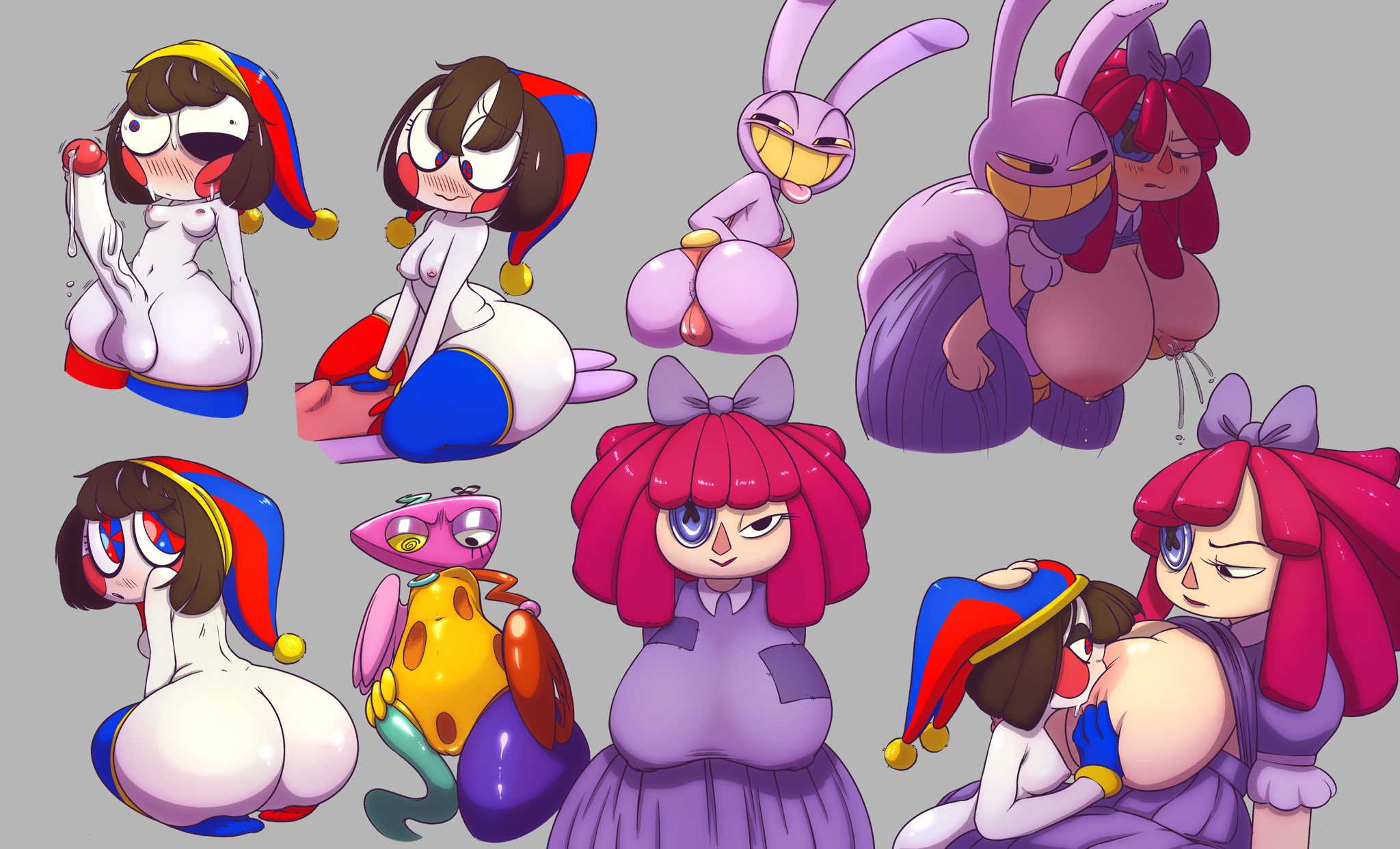 2023, 2d, 2d (artwork), 2d artwork, anthro, ass, big ass, big breasts, big thighs, blush, bow tie, breast sucking, breasts, brown hair, bunny ears, button eyes, doll, dress, female, futanari, glitch productions, gloves, gooseworx, huge ass, intersex, jax (the amazing digital circus), jester, jester costume, jester hat, jester outfit, male, milk, milk squirt, pomni, pomni (the amazing digital circus), precum, purple body, ragatha, ragatha (the amazing digital circus), red hair, short hair, small breasts, staggbeetl, tagme, the amazing digital circus, thick thighs, white body, yellow eyes, yellow mouth, zooble (episode 1), zooble (the amazing digital circus)