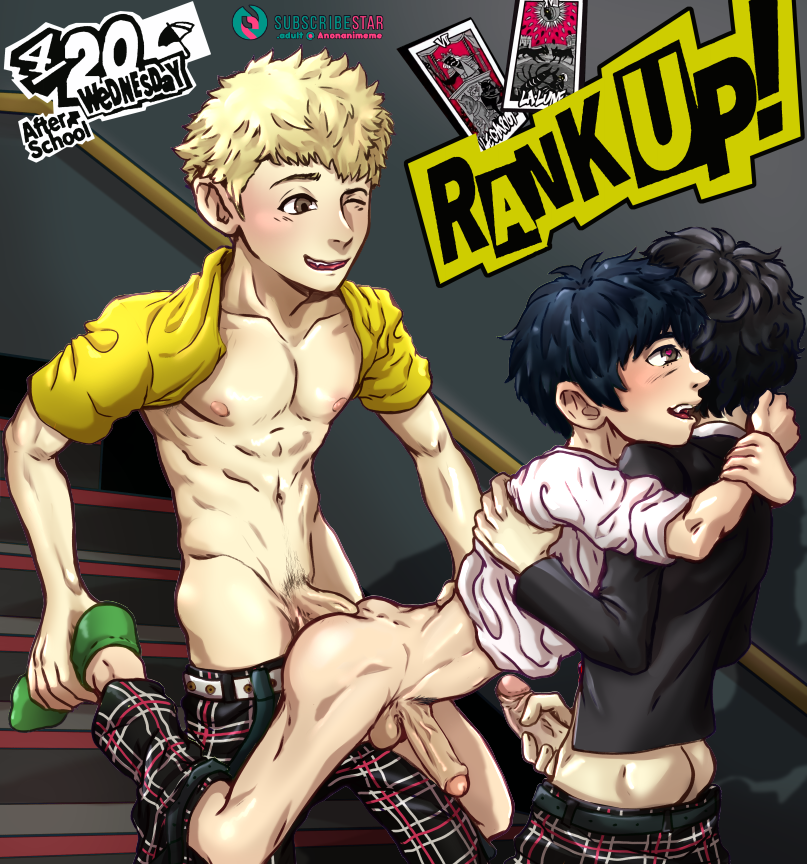 3boys akira_kurusu anal anonanimeme gay gay_sex holding_legs holding_penis male_only persona persona_5 ren_amamiya ryuji_sakamoto stairs text yaoi yuuki_mishima