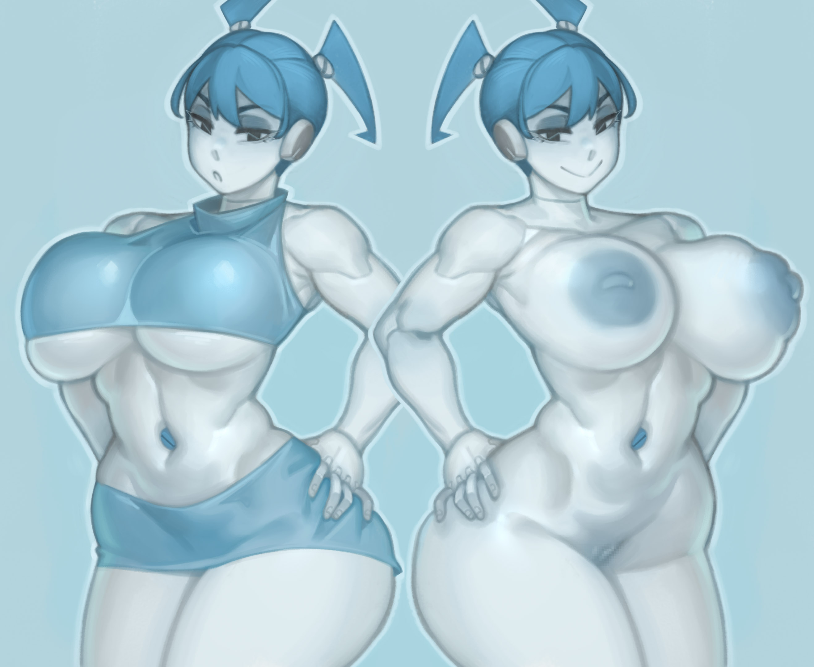 1girls, areolae, blue hair, breasts, breasts out, clothed, clothed female, edit, female, gonzalo costa, hi res, hips, huge breasts, jenny wakeman, kelvin hiu, large areolae, my life as a teenage robot, nickelodeon, nipples, nude, nude female, pussy, robot, robot girl, thick thighs, thighs, third-party edit, uncensored, vagina, white body, wide hips, xj-9