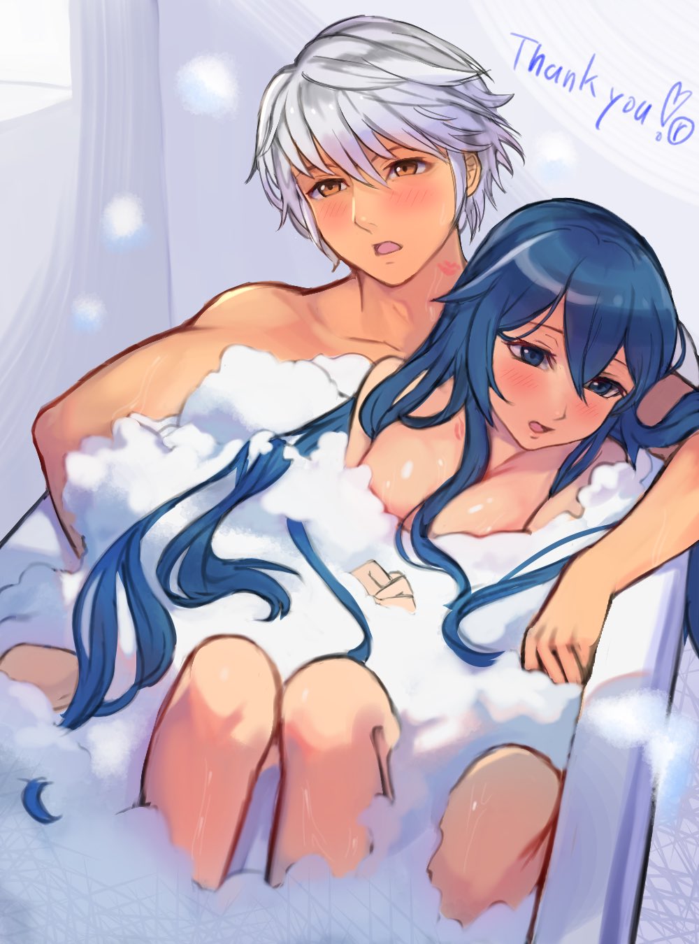 1boy 1girls bathtub blue_eyes blue_hair blush breasts brown_eyes commentary_request commission completely_nude convenient_censoring couple female fire_emblem fire_emblem_awakening grey_hair group_bathing hair_between_eyes highres indoors lipstick_mark long_hair lucina_(fire_emblem) male mixed-language_commentary nintendo nude nude_female r123 robin_(fire_emblem) robin_(fire_emblem)_(male) shared_bathing short_hair sitting sitting_on_person skeb_commission small_breasts soap_bubbles soap_censor straight thank_you white_hair yellow_eyes