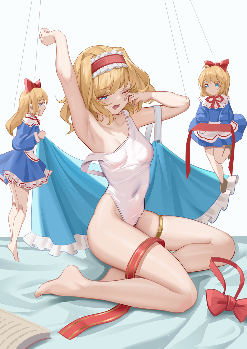 1girls 2d 2d_(artwork) alice_margatroid armpits arms arms_up ass bare_shoulders barefoot belly belly_button blonde_hair blue_eyes bow breasts clothed clothing covered_breasts covered_navel covered_nipples digital_drawing_(artwork) doll feet female female_focus female_only fingers front_view hair hands hands-free hips image legs legs_together light_skin looking_at_viewer luai navel one-piece_swimsuit one_eye_closed open_eyes open_mouth petite shaved_armpit short_hair shoulders sitting skinny sleepy small_breasts soles stomach strap_slip stretching string swimsuit thighs tight_clothing toes touhou waist yawn