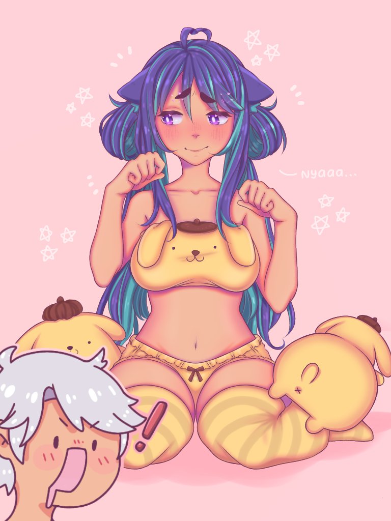 1girls belly belly_button blush blushing_female brazilian brazilian_female cat_ears emi_kotone long_socks meron? pajamas pompompurin pompompurin_(series) purple_eyes raviel sanrio simple_background socks thick_thighs thighs twintails what wtf yellow_panties