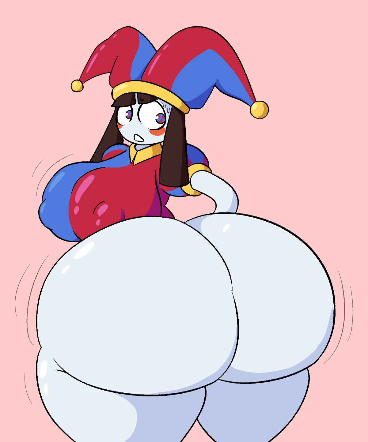 2023, 2d, 2d (artwork), 2d artwork, artist request, ass, ass focus, big ass, big breasts, big thighs, breasts, brown hair, female, glitch productions, gloves, gooseworx, huge ass, huge breasts, huge thighs, jester, jester costume, jester hat, jester outfit, looking at ass, looking behind, nipples, nipples visible through clothing, pomni, pomni (the amazing digital circus), short hair, sweat, sweatdrop, tagme, the amazing digital circus, thick thighs, white body