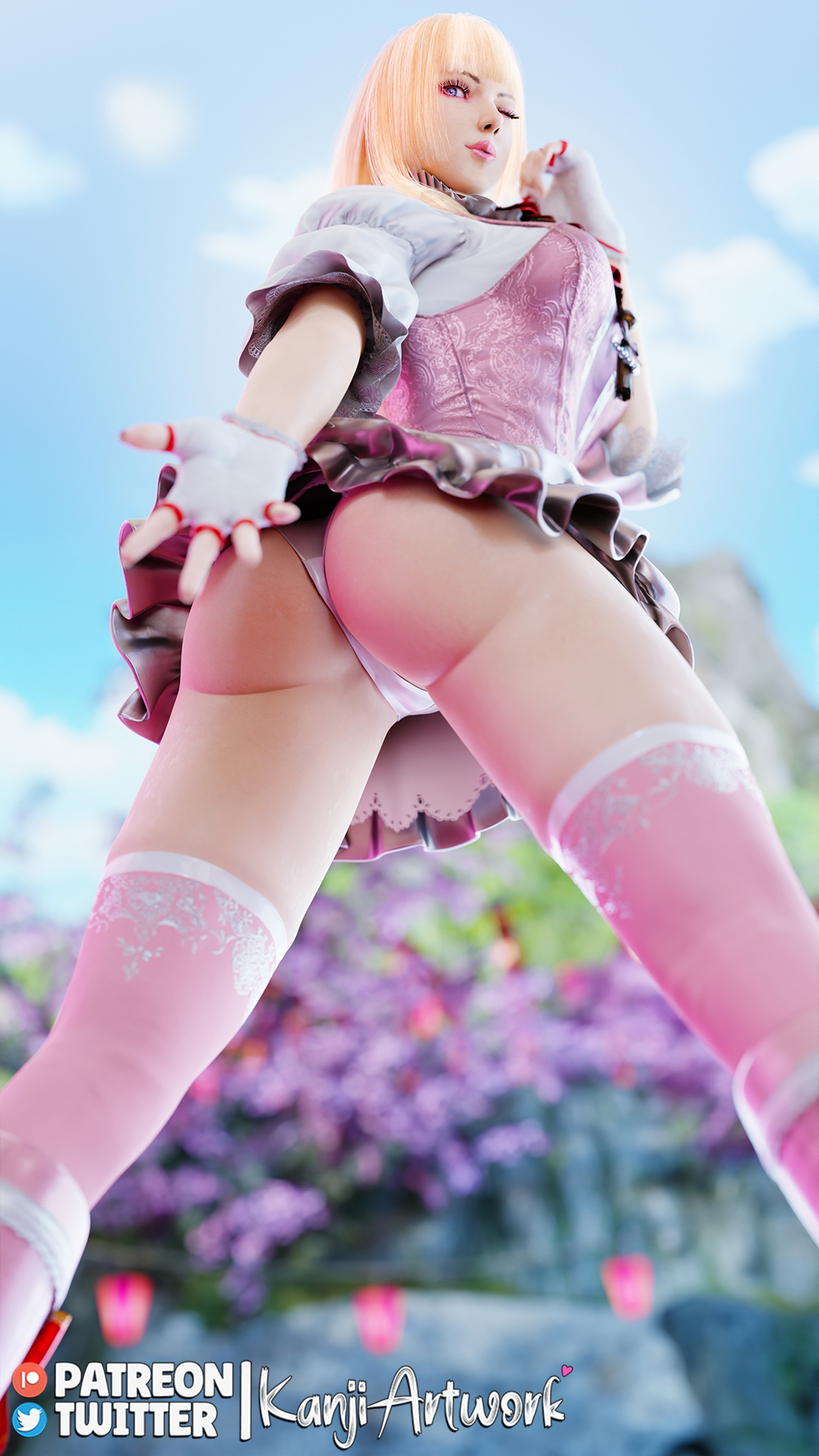 1girls, 3d, 3d (artwork), 3dx, ass, ass focus, bangs, blonde hair, blue eyes, boots, breasts, bubble ass, bubble butt, busty, dress, dress lift, emilie de rochefort, female, female focus, female only, hourglass figure, kanjiartwork, kanjihentai, legs, long hair, looking at viewer, looking back, makeup, panties, rear view, short dress, sleeves rolled up, solo, standing, stockings, tekken, tekken 8, thighhighs, thighs, thong, upskirt, wide hips, wink, winking at viewer