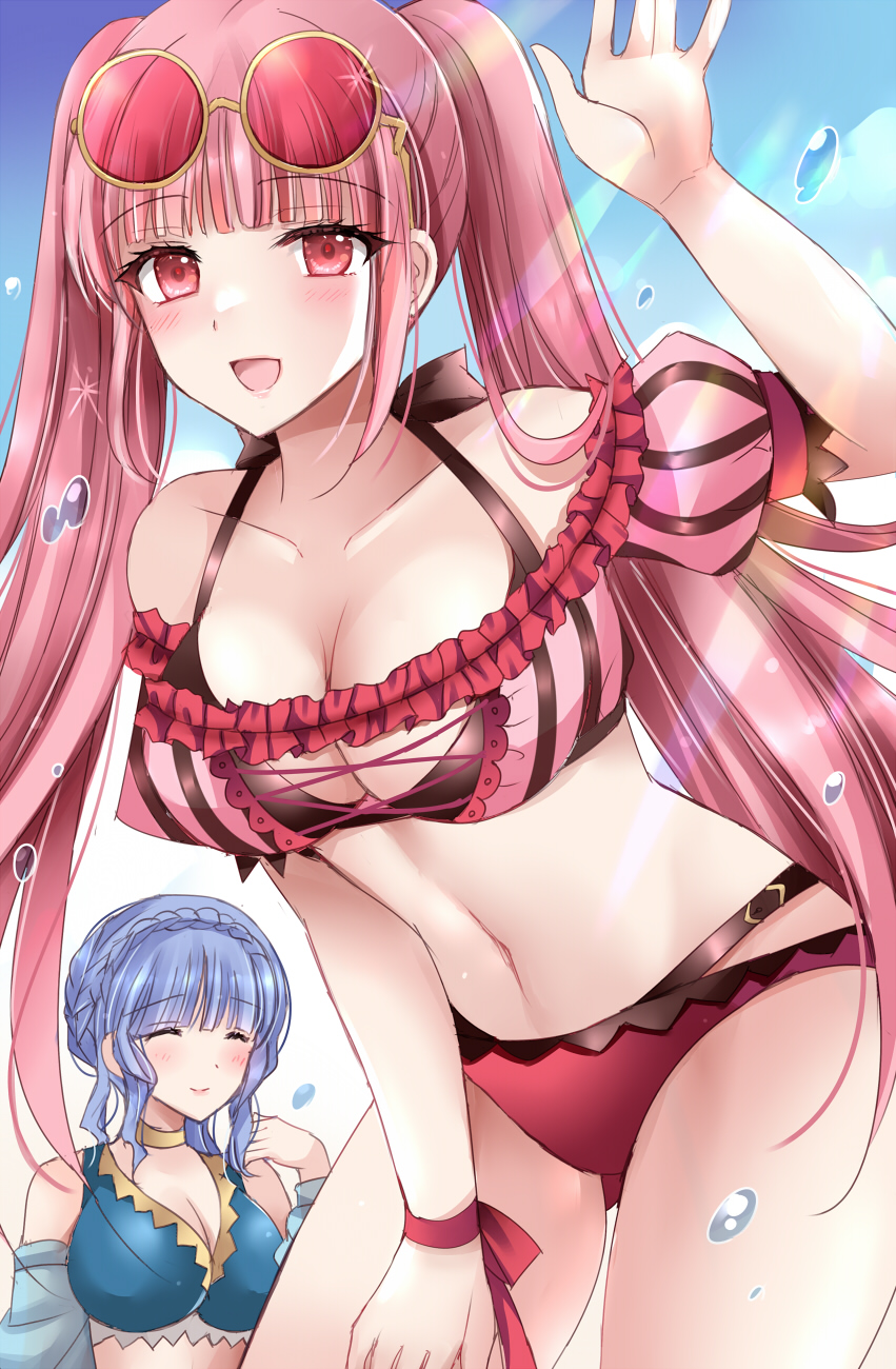 2023, 2girls, alternate costume, bare shoulders, bikini, blue hair, blue swimsuit, blush, breasts, cleavage, closed eyes, eyewear on head, female, female only, fire emblem, fire emblem heroes, fire emblem: three houses, hilda valentine goneril, hilda valentine goneril (summer), kirishima riona, large breasts, light skin, light-skinned female, long hair, looking at viewer, marianne von edmund, marianne von edmund (summer), navel, nintendo, official alternate costume, open mouth, pink bikini, pink eyes, pink hair, pink swimsuit, smile, solo focus, sunglasses, sunglasses on head, swimsuit, twintails, water, waving