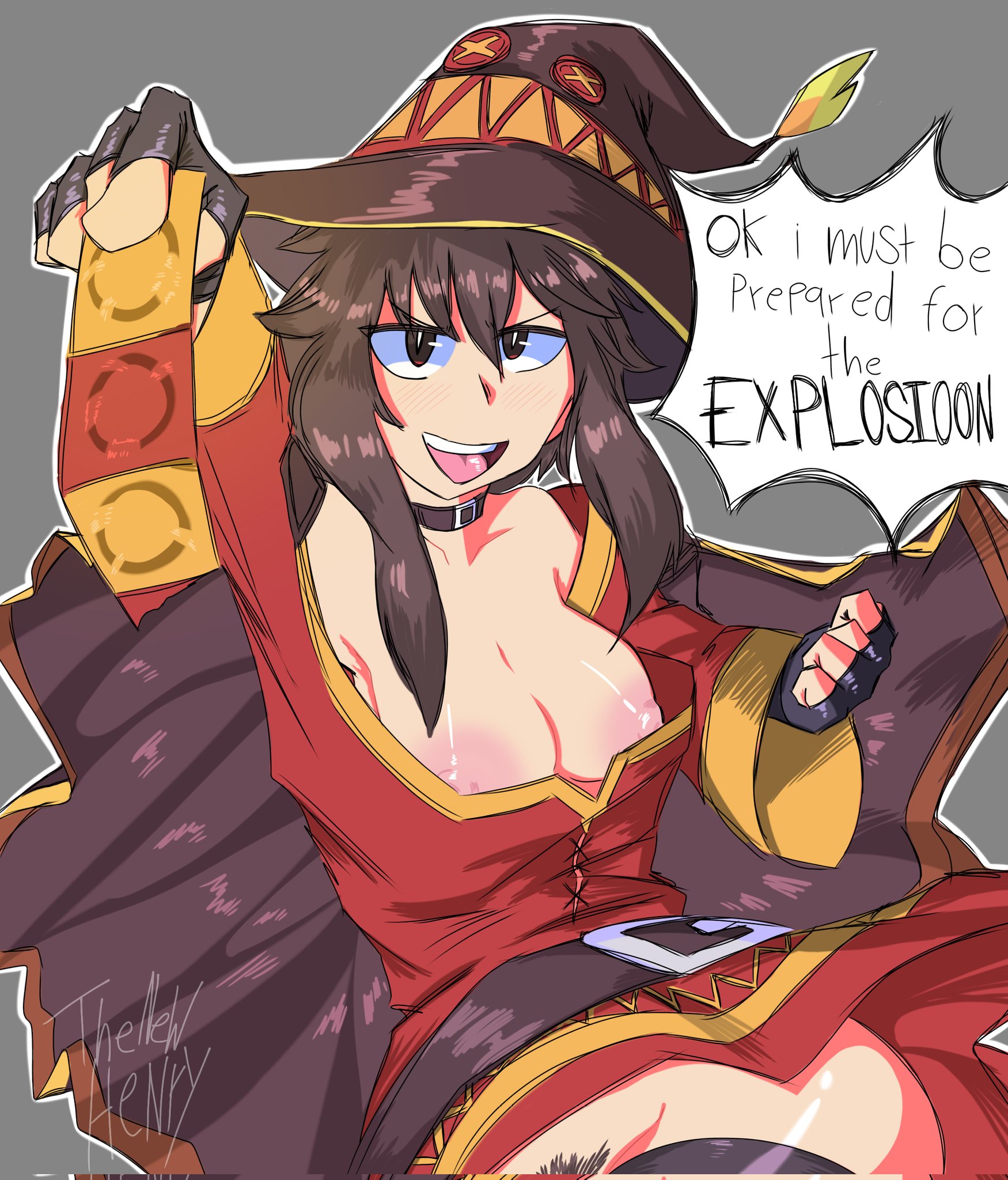1girls, breasts, condom packet strip, exposed breasts, female, female only, kono subarashii sekai ni shukufuku wo!, megumin, open mouth, pubic hair, solo, thenewhenryart