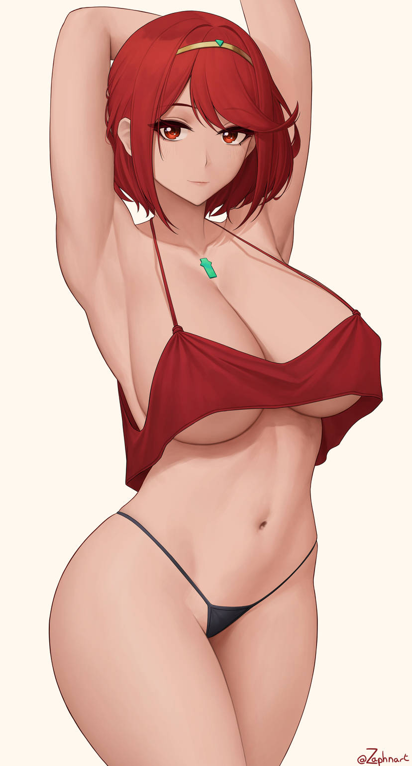 armpits black_panties breasts core_crystal crop_top highleg highleg_panties large_breasts looking_at_viewer midriff navel nintendo panties pyra red_crop_top red_eyes red_hair short_hair sleepwear stretching tiara xenoblade_(series) xenoblade_chronicles_2 zaphn