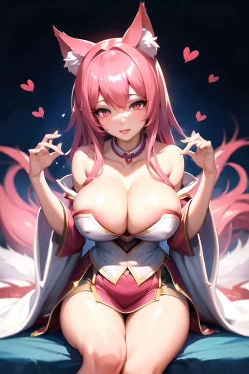 3fff ahri ai_generated big_breasts dark_background fox fox_ears fox_tail heart large_breasts league_of_legends light-skinned_female light_skin pink_clothing pink_hair red_eyes vastaya