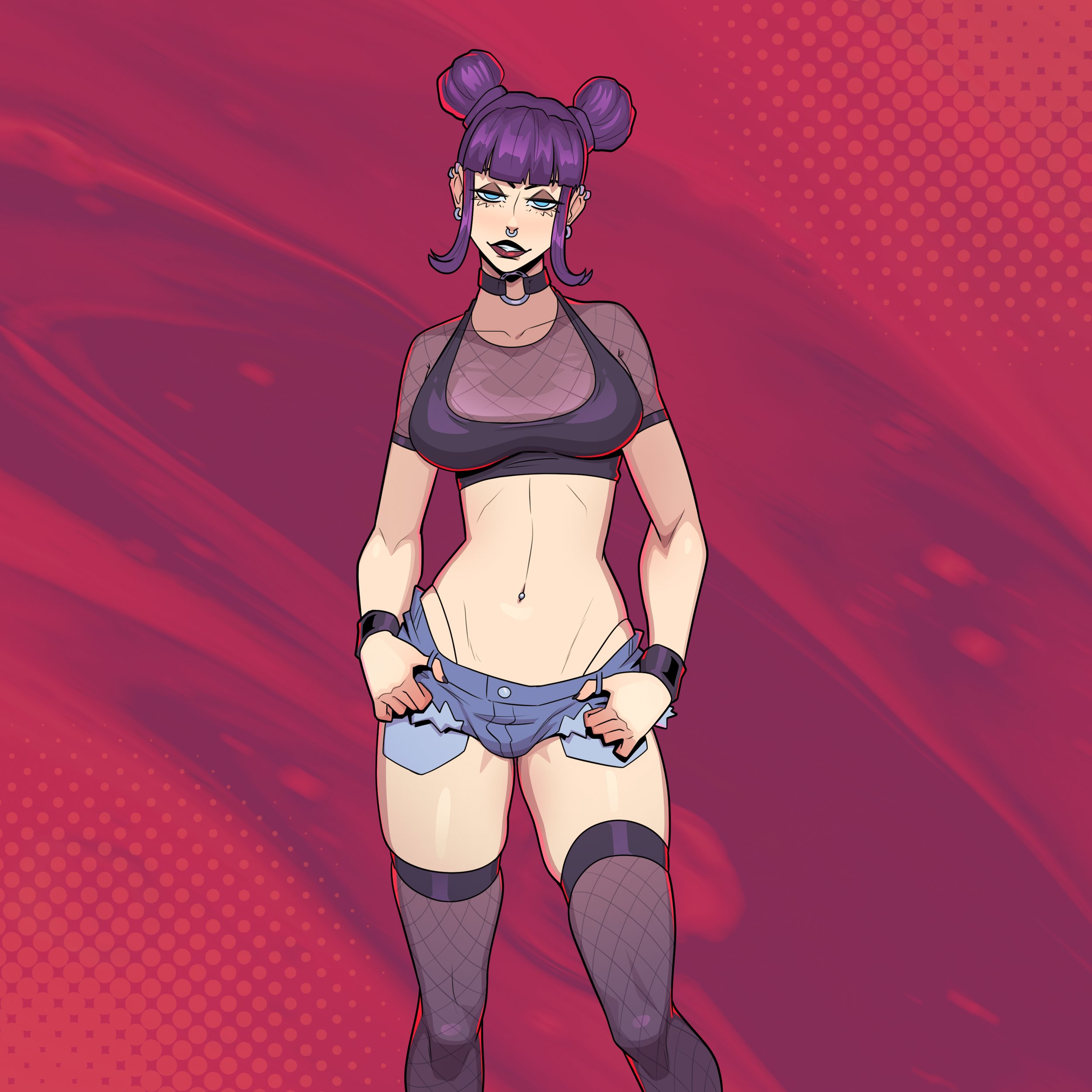 bare midriff, big breasts, blue eyes, bracelet, breasts, busty, crop top, daisy dukes, denim shorts, ear piercing, earrings, eva (naughtycomix), eyeshadow, female, female focus, female only, fishnet, fishnet legwear, fishnet stockings, fishnets, g-string, goth, goth girl, hourglass figure, jean shorts, legwear, light skin, light-skinned female, lipstick, long hair, makeup, naughtycomix, navel, navel piercing, nose piercing, pale skin, pale-skinned female, pinup, pinup pose, purple hair, run 666, septum piercing, stockings, tagme, tied hair, wide hips