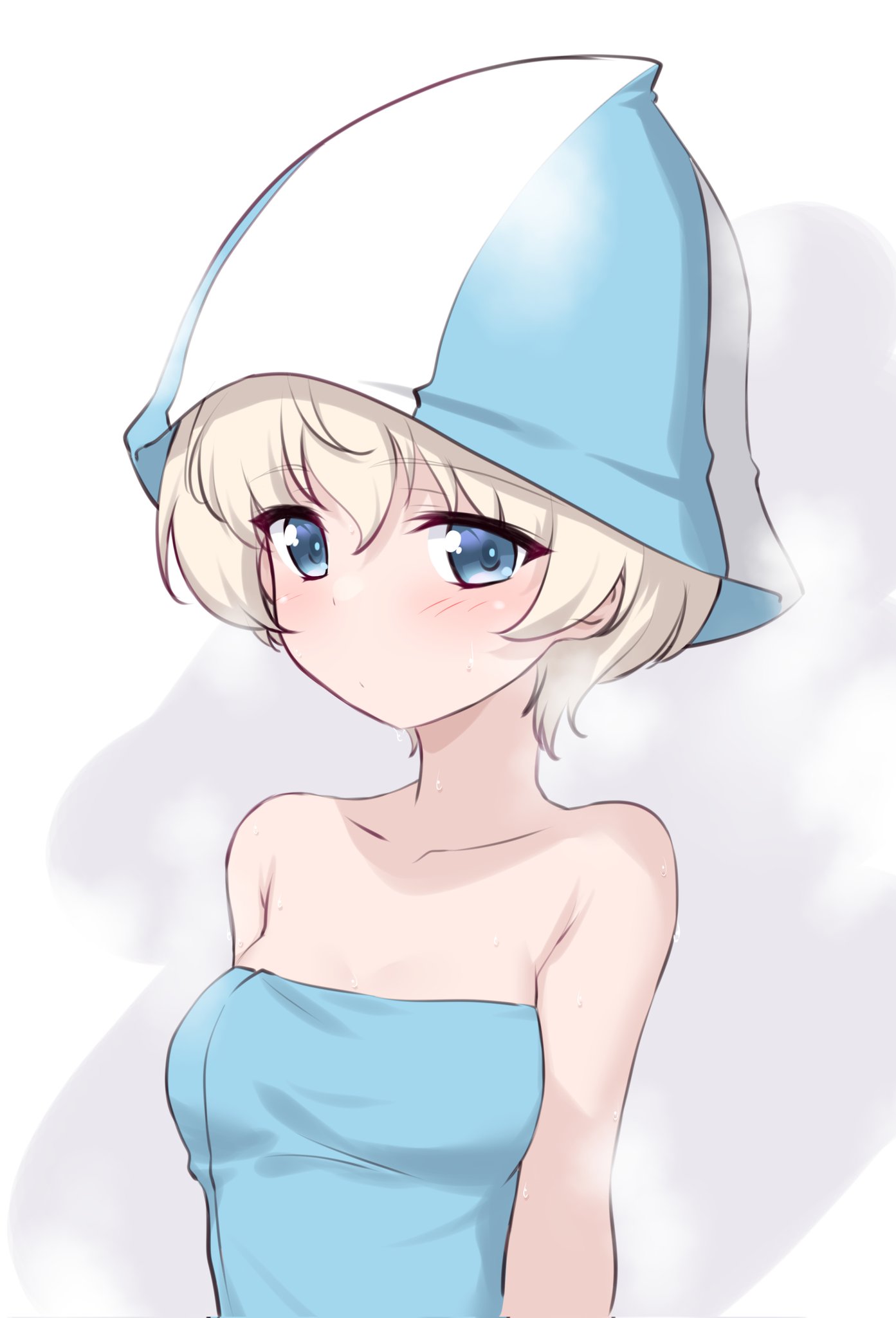 blonde_hair blue_eyes blush breasts collarbone female girls_und_panzer hat kuzuryuu_kennosuke looking_at_viewer short_hair small_breasts solo towel tulip_hat upper_body youko_(girls_und_panzer)