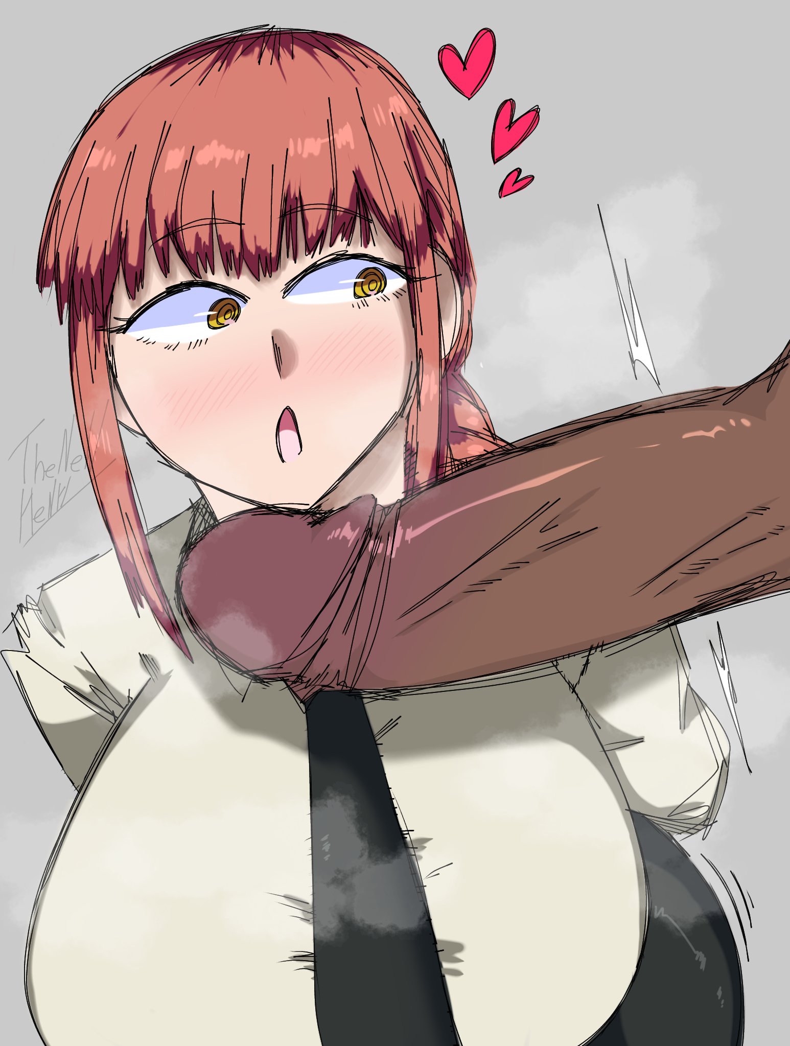 1girls, big breasts, big penis, blush, breasts, chainsaw man, clothing, dark skin, dark-skinned male, female, imminent sex, makima (chainsaw man), male, penis, penis awe, red hair, steam, thenewhenryart, tie, yellow eyes