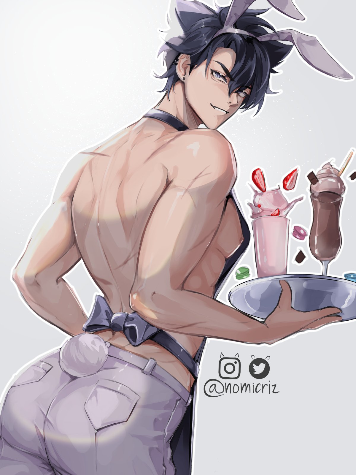1boy, apron, ass, back, black hair, bunny ears, bunny tail, from behind, gay, genshin impact, looking at viewer, male, male only, muscular, muscular male, nipples, nomicriz, rear view, scar, topless, topless male, triceps, wriothesley (genshin impact), yaoi