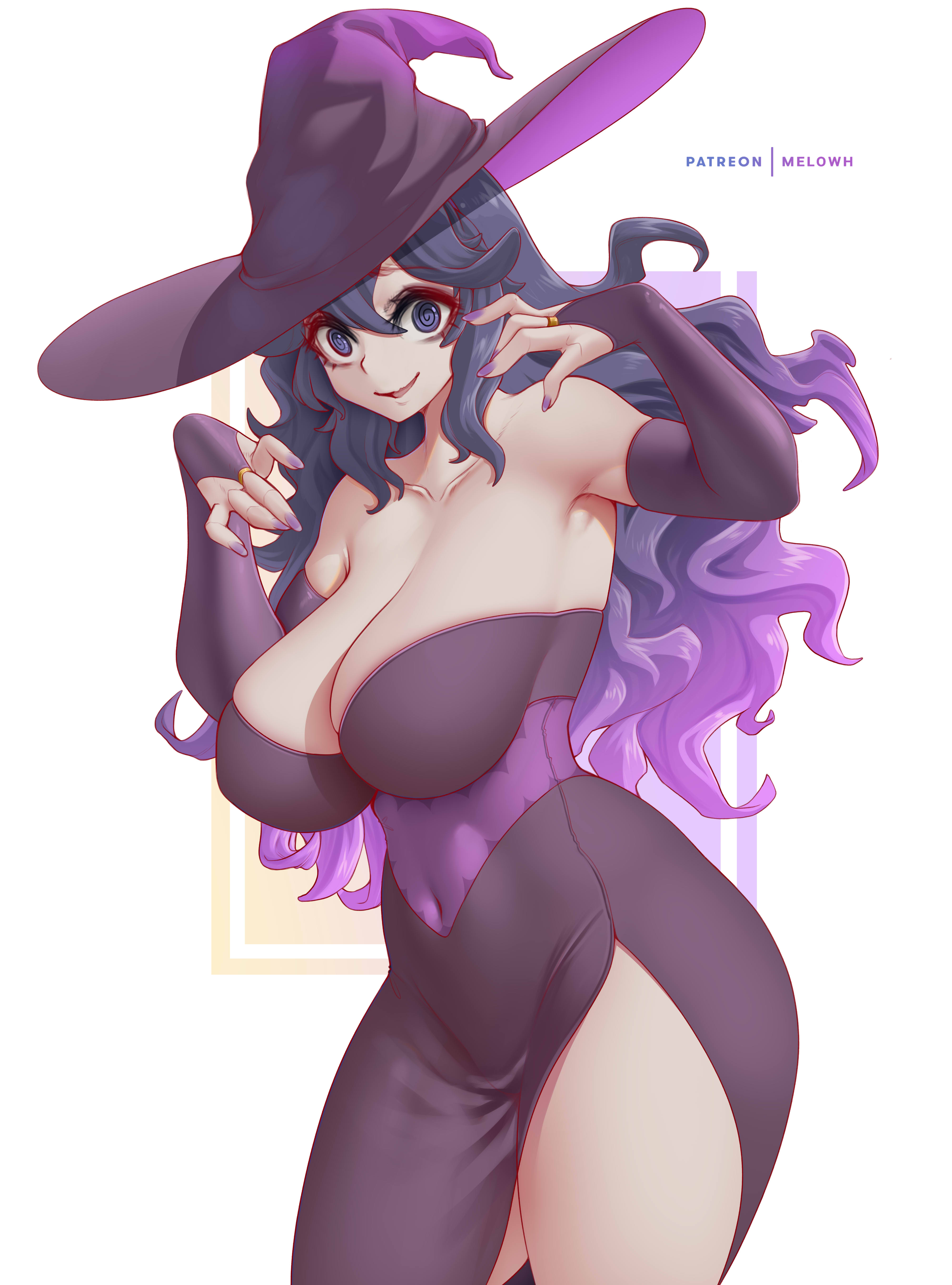 1girls, armwear, breasts, cleavage, female, female only, game freak, halloween, hat, hex maniac, huge breasts, light skin, light-skinned female, long hair, melowh, nintendo, pale skin, pale-skinned female, pokemon, pokemon xy, purple eyes, purple hair, witch, witch costume, witch hat