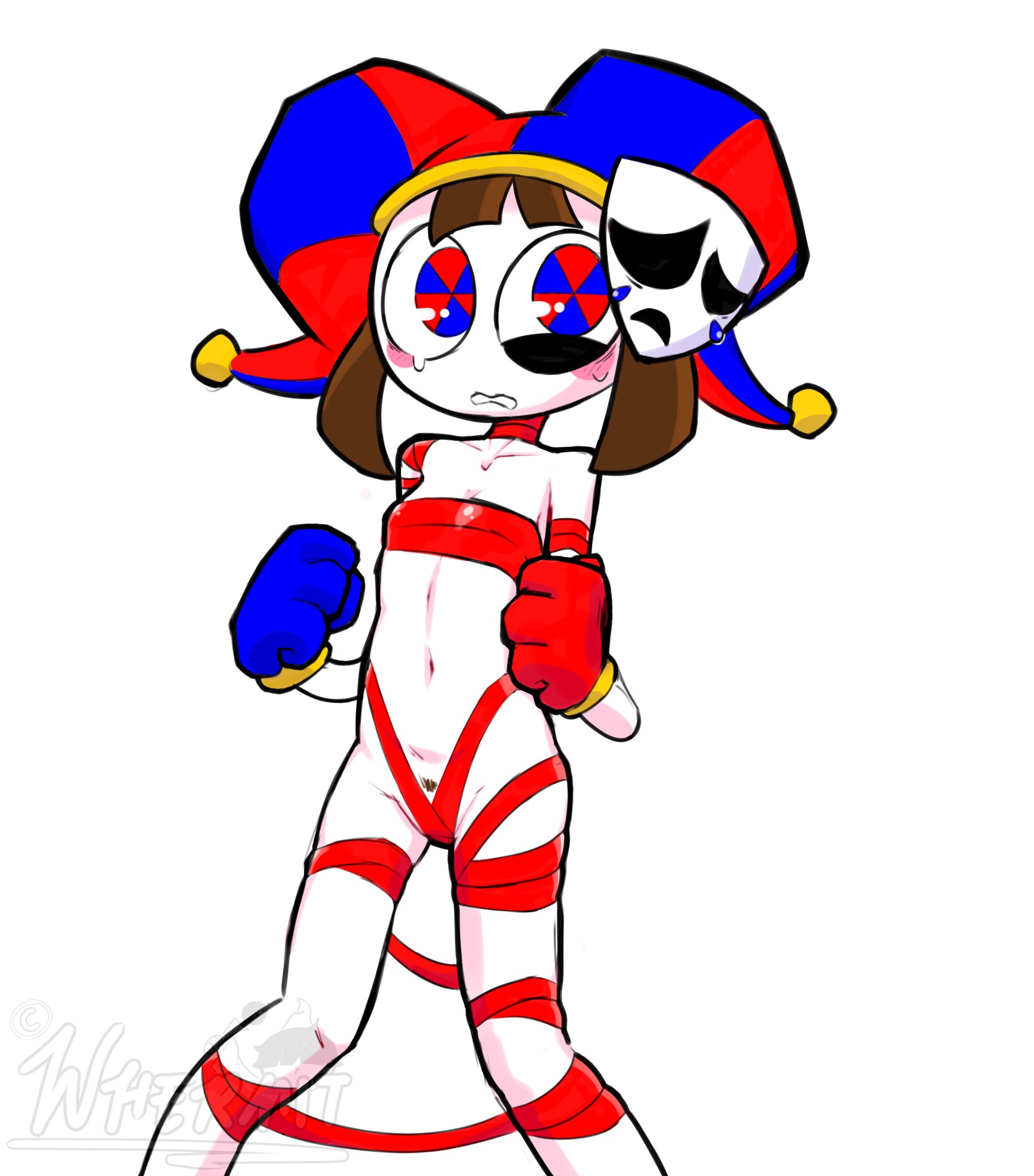 2023, 2d, 2d (artwork), 2d artwork, artist request, breasts, brown hair, embarrassed, female, gangle (the amazing digital circus), glitch productions, gloves, gooseworx, jester, jester costume, jester hat, jester outfit, looking at partner, mask, masked female, pomni (the amazing digital circus), red ribbon, ribbons, sad mask, short hair, small breasts, smaller female, the amazing digital circus, white background, white body