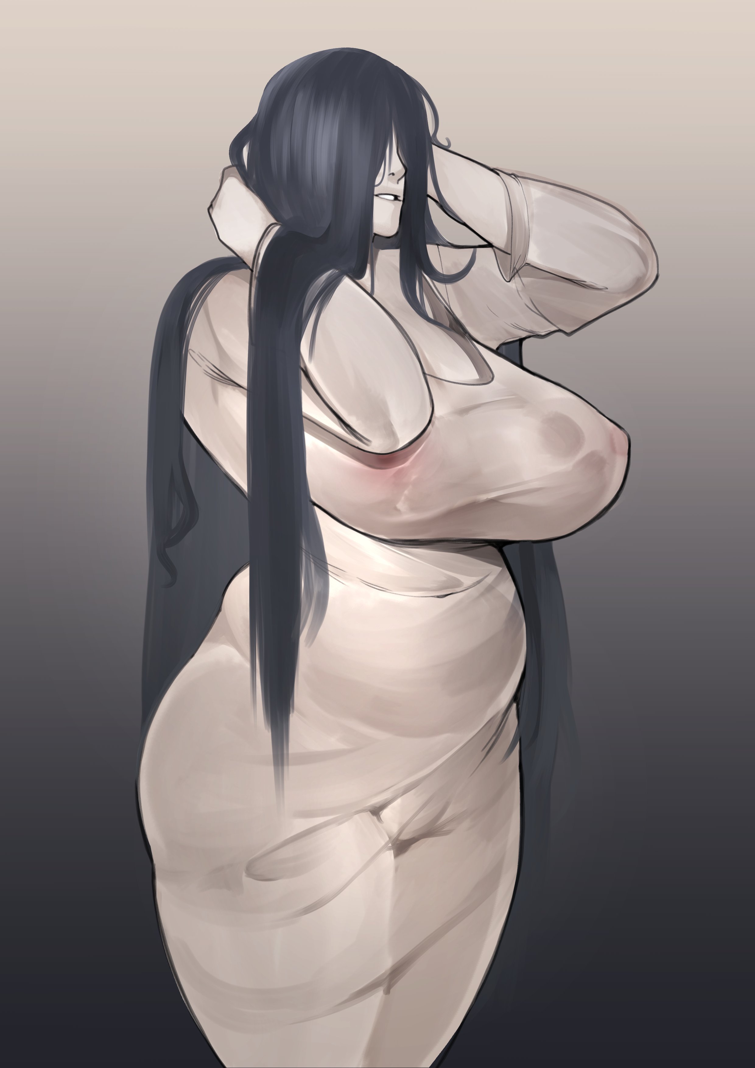 1girls, big breasts, black hair, breasts, brothbowl, female, ghost, ghost girl, hair between eyes, halloween, huge breasts, long hair, monster, monster girl, nipples visible through clothing, the ring, voluptuous, yamamura sadako