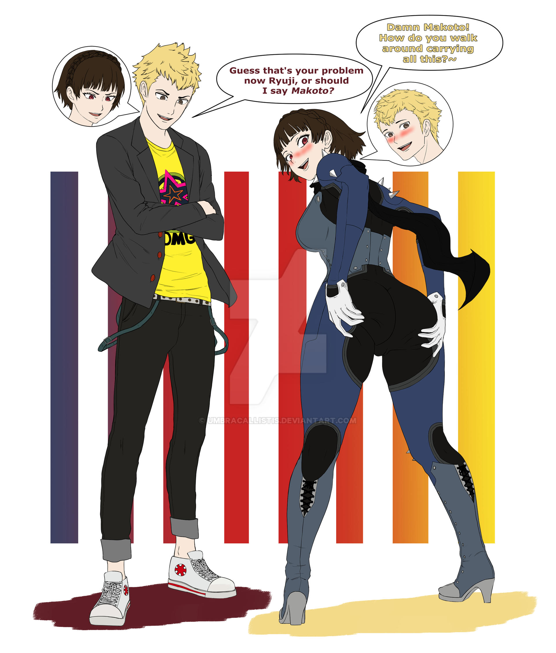 1boy, 1girls, ass, atlus, blonde hair, blush, body swap, breasts, brown hair, clothing, deviantart, embarrassed, female, gloves, high heels, highres, human, jacket, makoto niijima, makoto niijima (queen), male, pale skin, persona, persona 5, phantom thief suit, ryuji sakamoto, sideboob, skin tight, smug, sneakers, umbra callistis